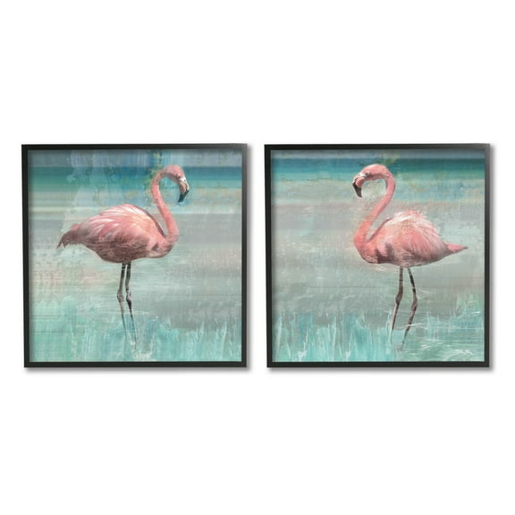 Stupell Industries Tropical Flamingoes Grazing Graphic Art Black Framed Art Print Wall Art, Set of 2, Design by Nan