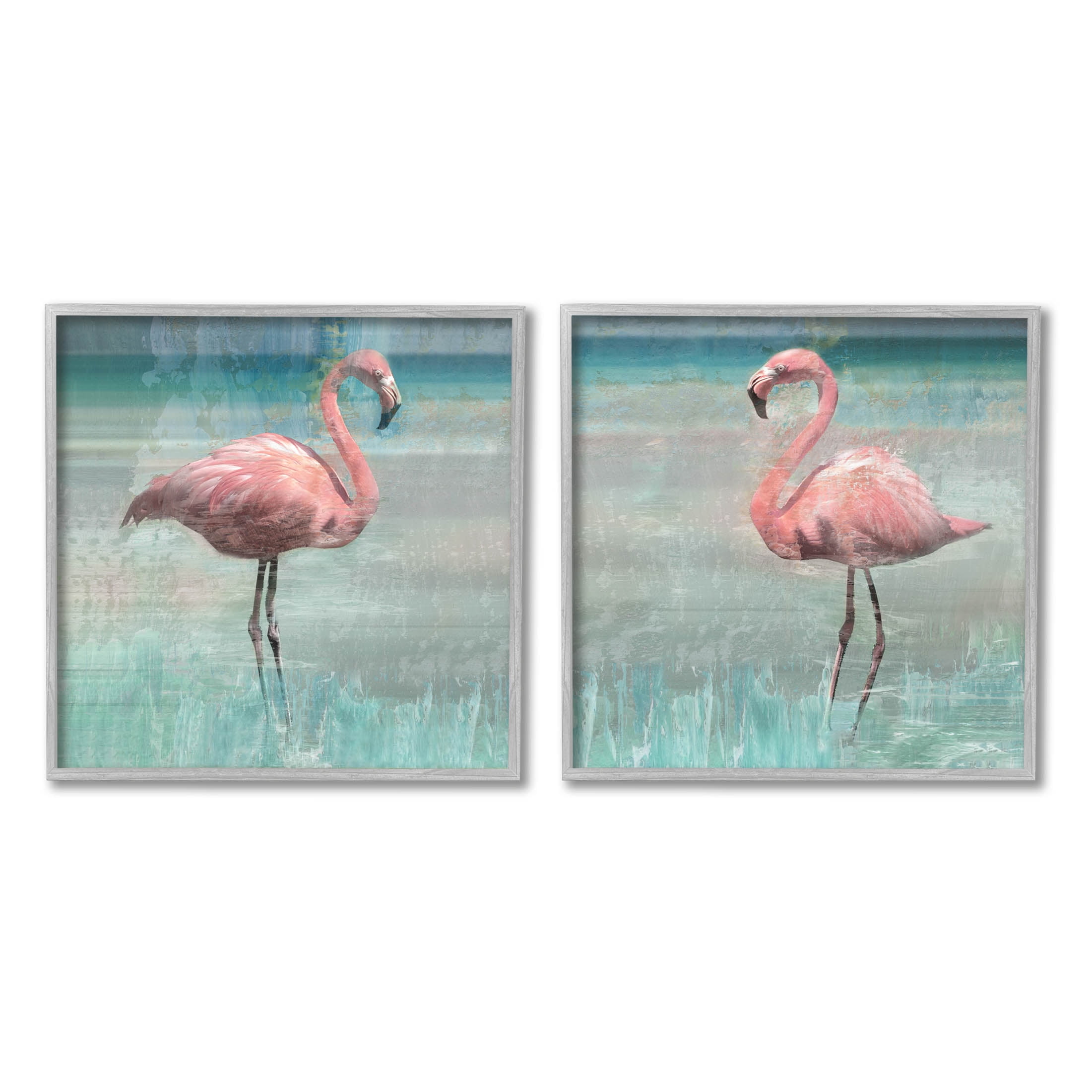 Stupell Industries Tropical Flamingoes Grazing Graphic Art Gray Framed Art Print Wall Art, Set of 2, Design by Nan