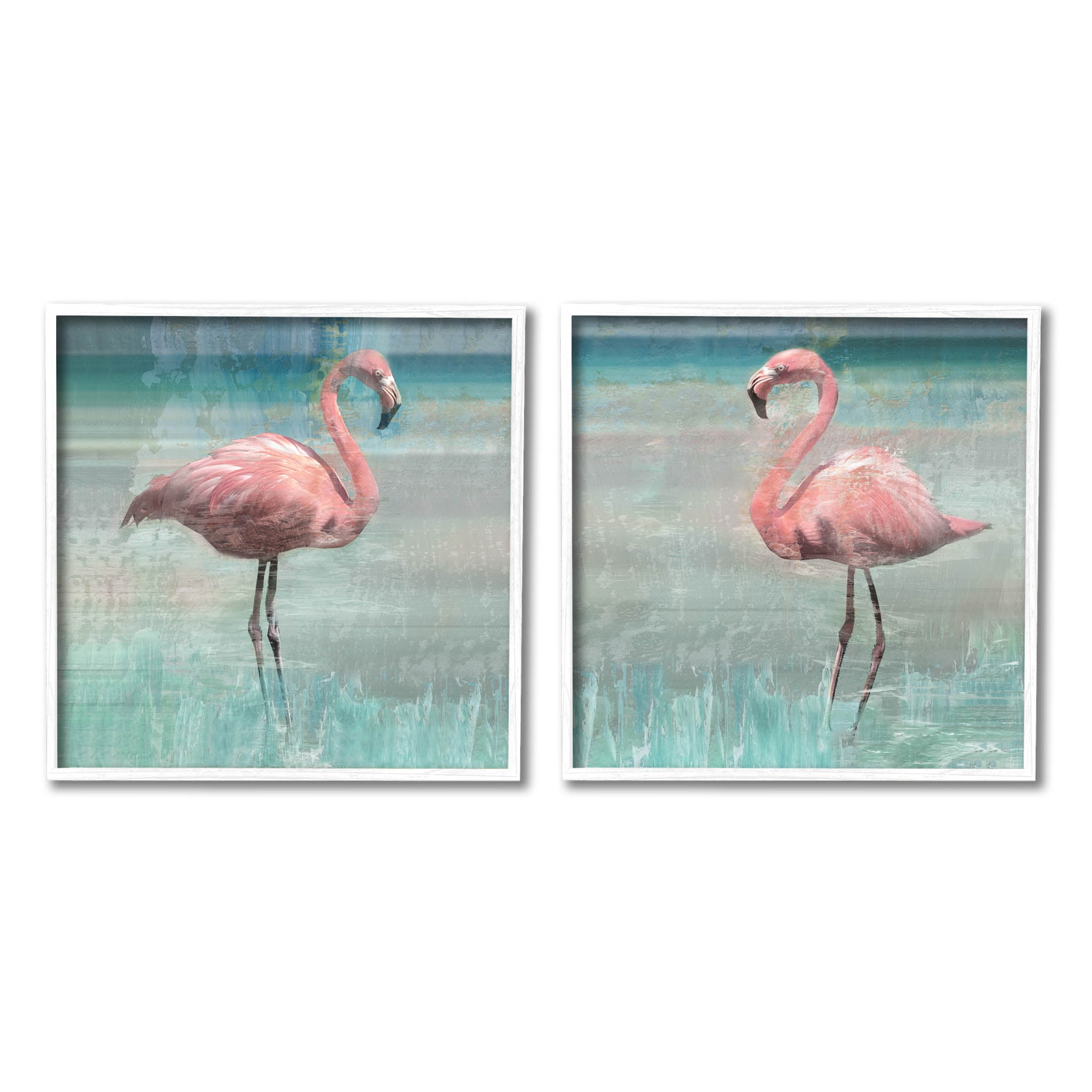 Stupell Industries Tropical Flamingoes Grazing Graphic Art White Framed Art Print Wall Art, Set of 2, Design by Nan