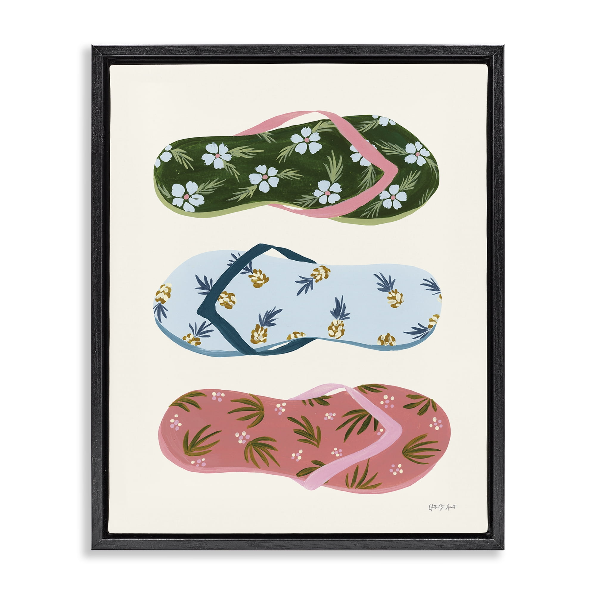 Stupell Industries Tropical Flip Flops Nautical & Beach Painting Black Floater Framed Canvas Art Print Wall Art, 25 x 31