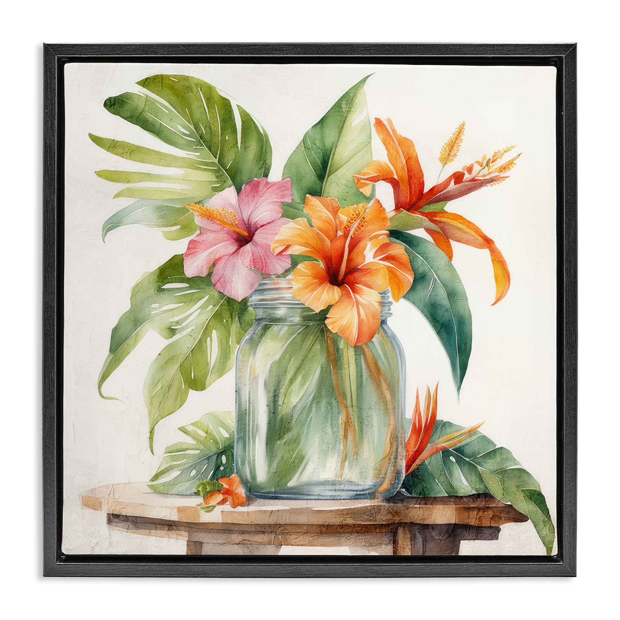 Stupell Industries Tropical Floral Jar Plants & Flowers Painting Black Floater Framed Canvas Art Print Wall Art, 18 x 18