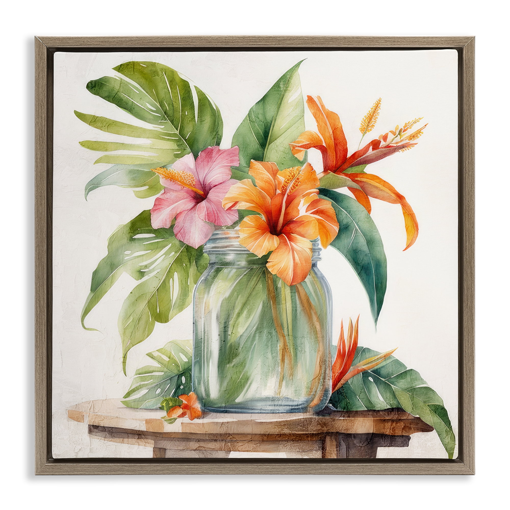 Stupell Industries Tropical Floral Jar Plants & Flowers Painting Brown Floater Framed Canvas Art Print Wall Art, 25 x 25