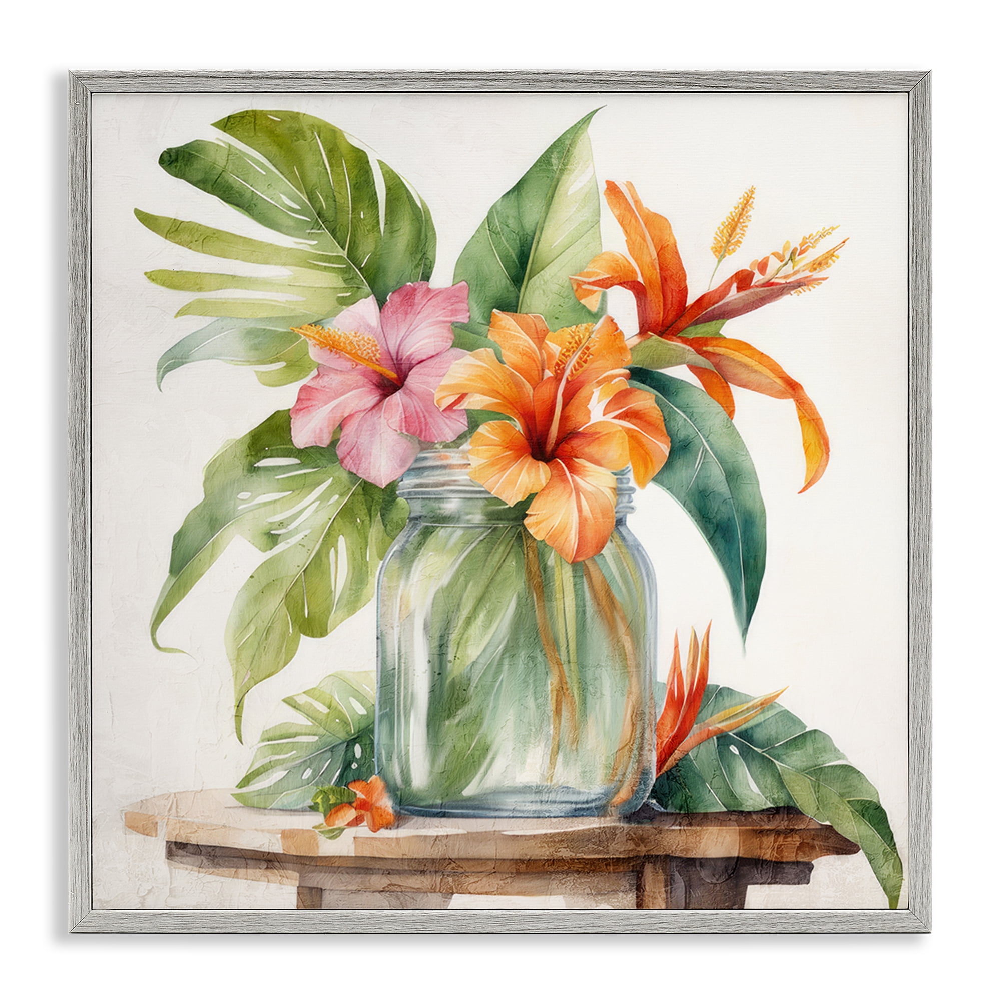 Stupell Industries Tropical Floral Jar Plants & Flowers Painting Gray Framed Art Print Wall Art, 17 x 17