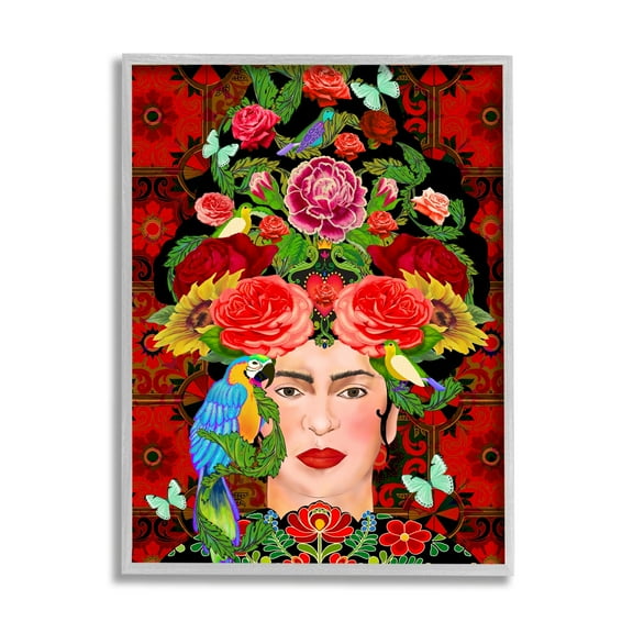 Stupell Industries Tropical Floral Pattern Female Portrait Bold Red Geometry Graphic Art Gray Framed Art Print Wall Art, 11x14, by Sangita Bachelet