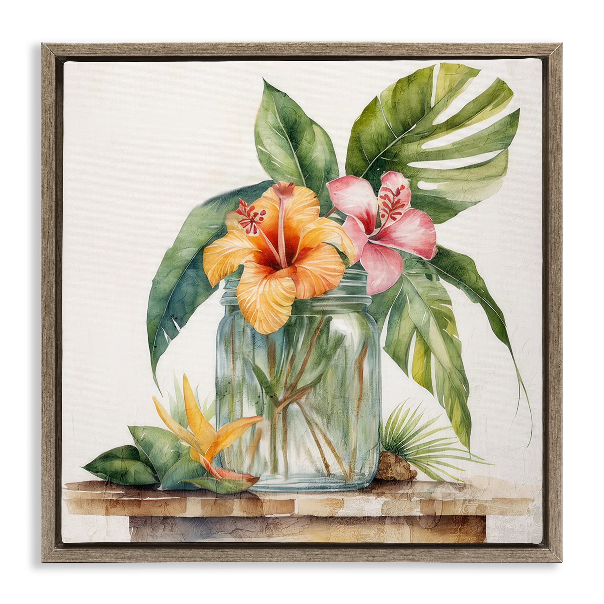 Stupell Industries Tropical Floral Vase Plants & Flowers Painting Brown Floater Framed Canvas Art Print Wall Art, 25 x 25
