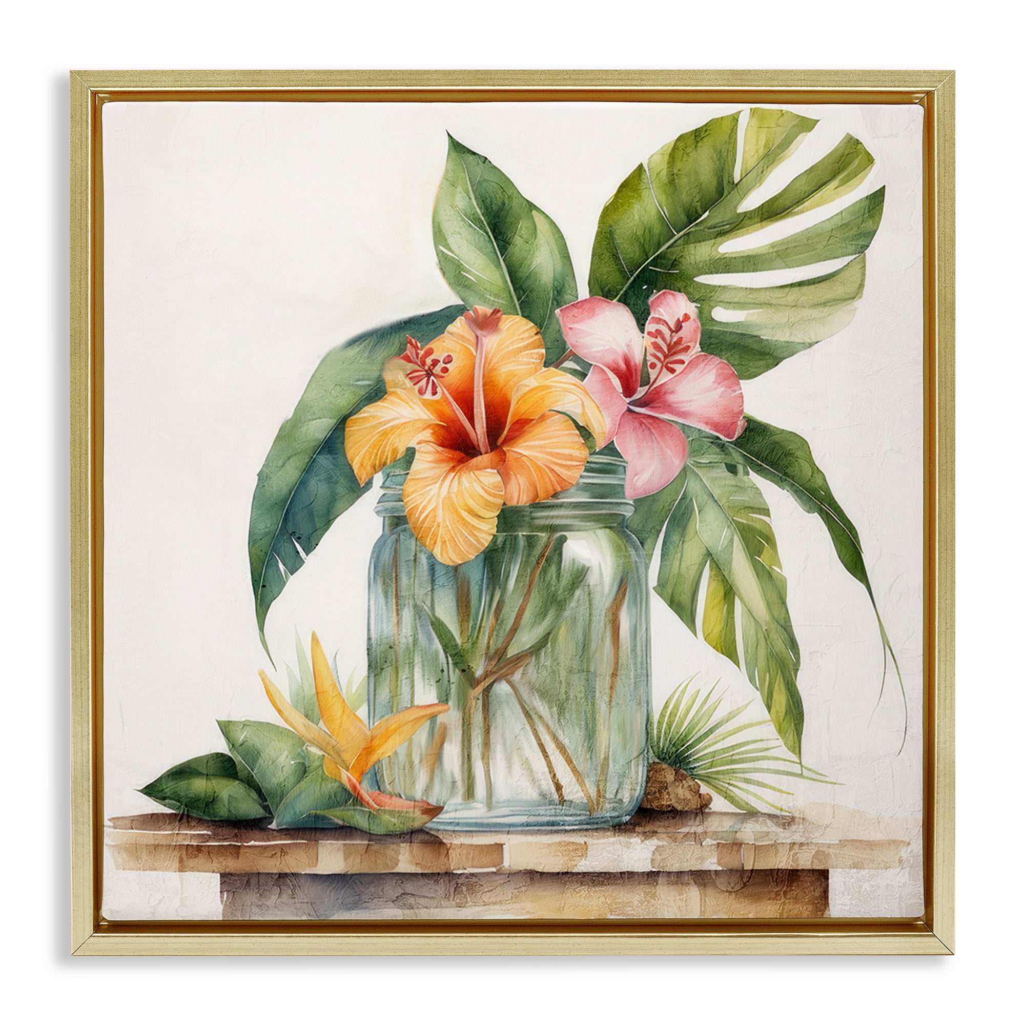 Stupell Industries Tropical Floral Vase Plants & Flowers Painting Gold Floater Framed Canvas Art Print Wall Art, 25 x 25