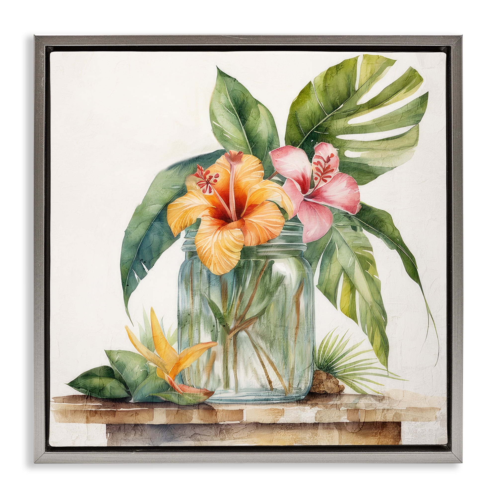 Stupell Industries Tropical Floral Vase Plants & Flowers Painting Gray Floater Framed Canvas Art Print Wall Art, 18 x 18