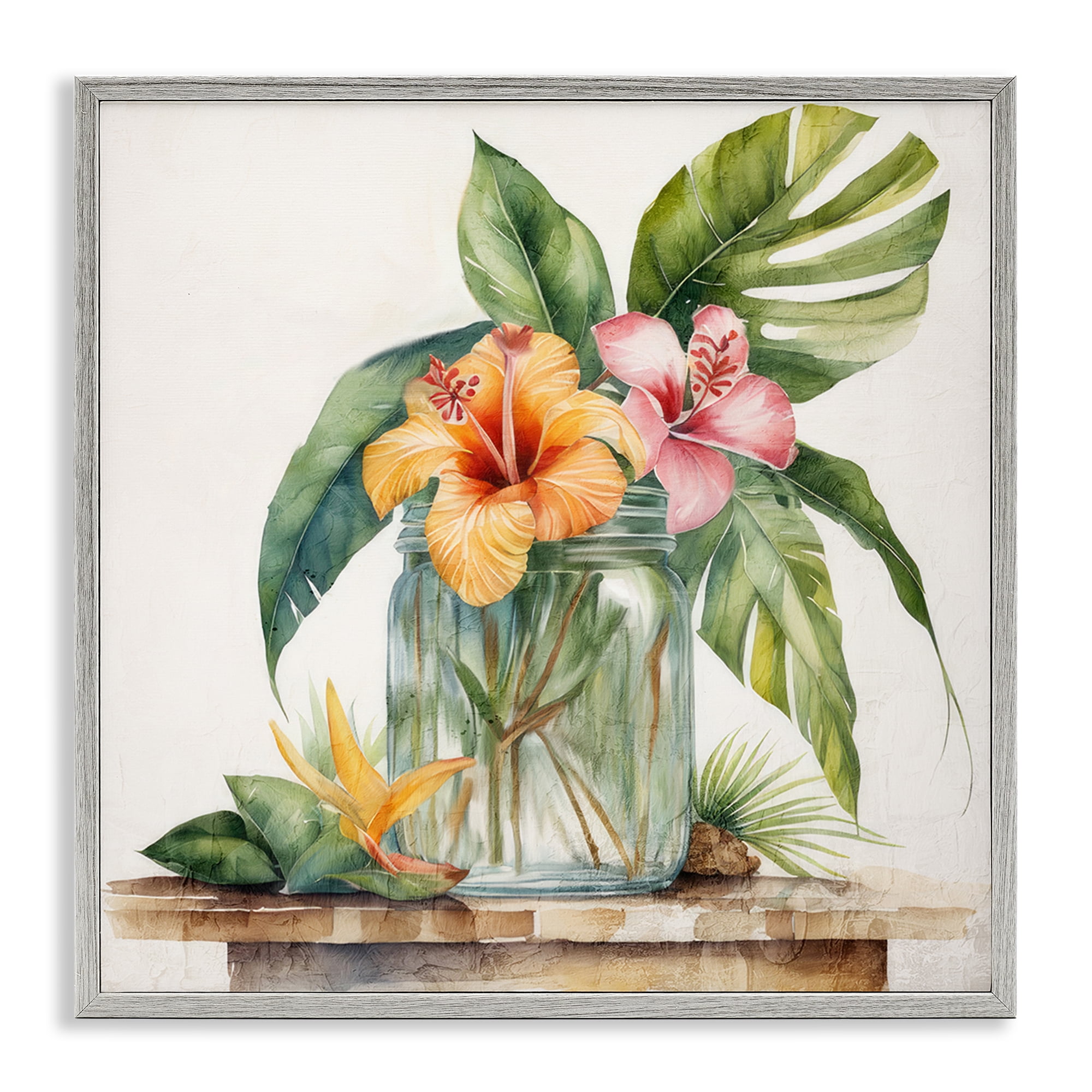 Stupell Industries Tropical Floral Vase Plants & Flowers Painting Gray Framed Art Print Wall Art, 24 x 24