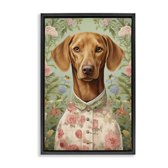 Stupell Industries Tropical Florals Dog Animals & Insects Painting Black Floater Framed Canvas Art Print Wall Art, 17 x 25
