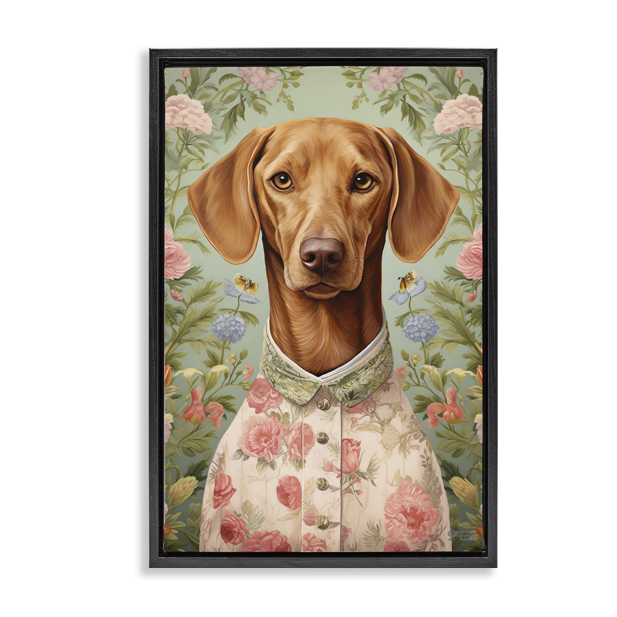 Stupell Industries Tropical Florals Dog Animals & Insects Painting Black Floater Framed Canvas