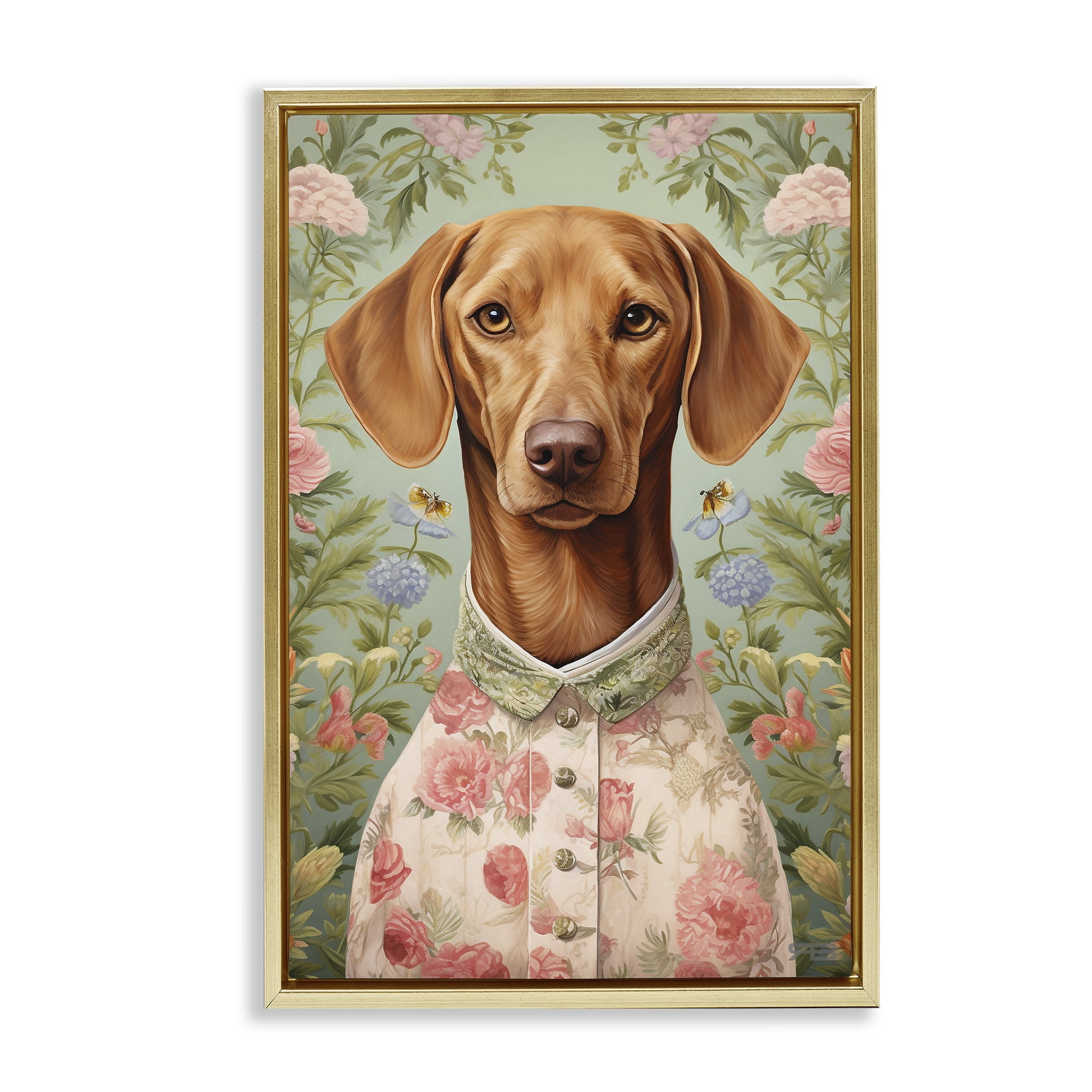Stupell Industries Tropical Florals Dog Animals & Insects Painting Gold Floater Framed Canvas Art Print Wall Art, 21 x 31