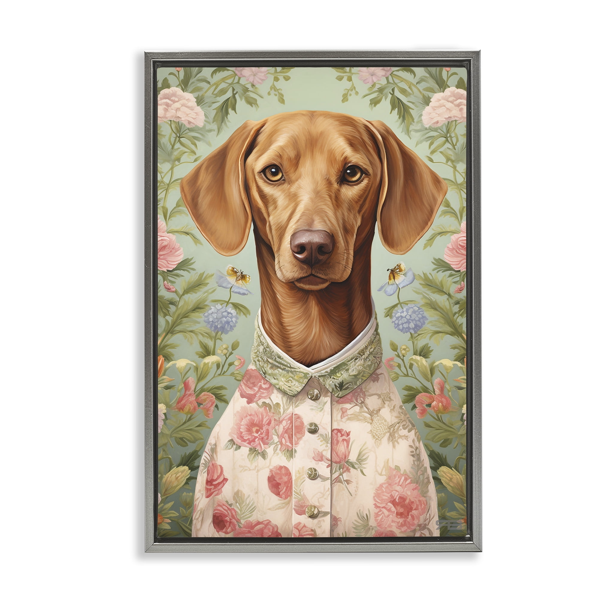 Stupell Industries Tropical Florals Dog Animals & Insects Painting Gray Floater Framed Canvas Art Print Wall Art, 21 x 31