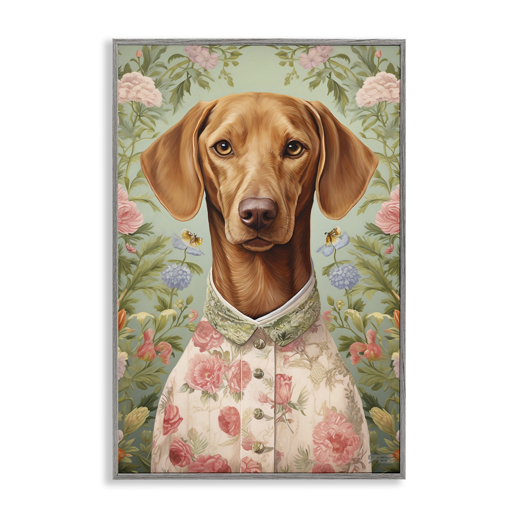 Stupell Industries Tropical Florals Dog Animals & Insects Painting Gray Framed Art Print Wall Art, 16 x 24