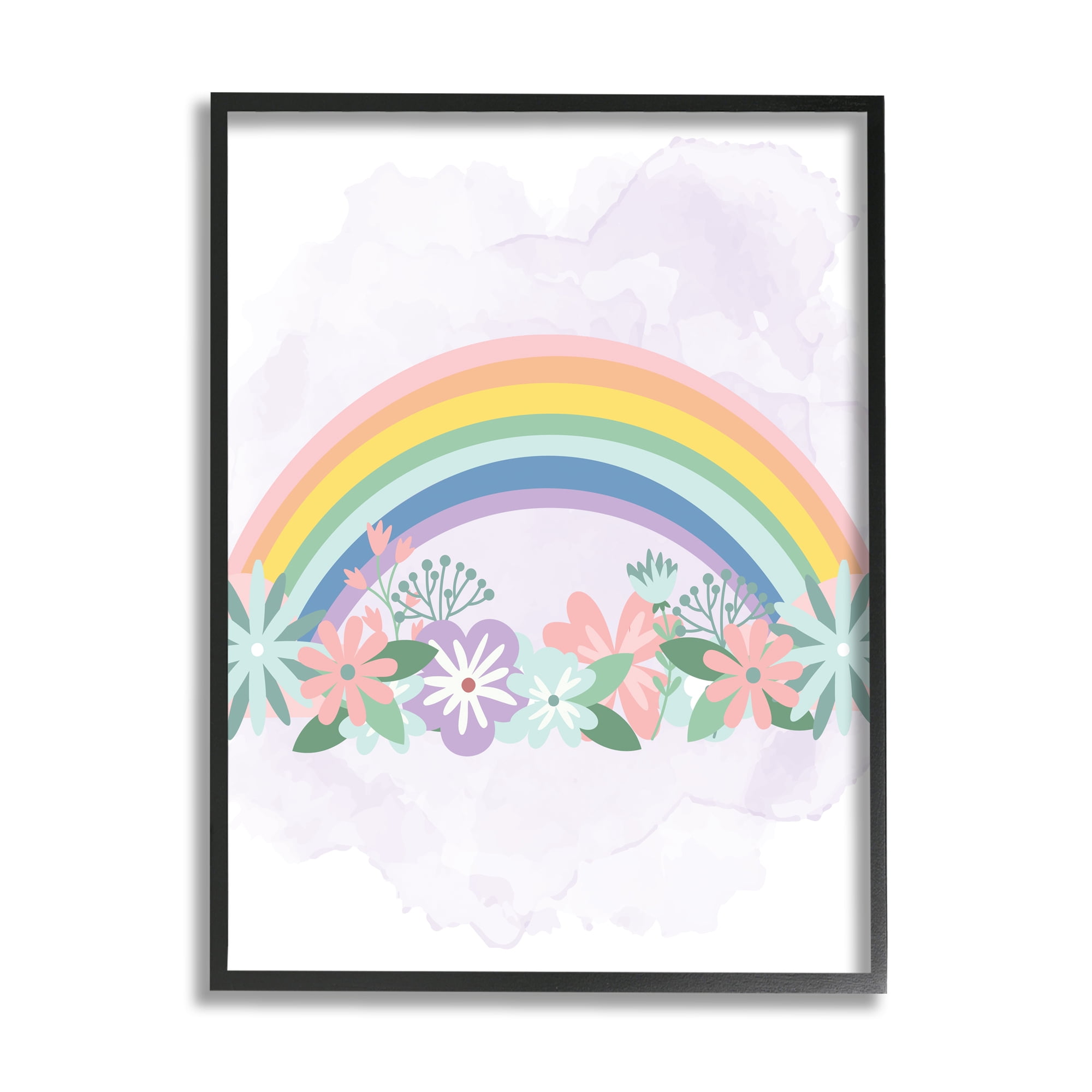 Stupell Industries Tropical Florals under Playful Rainbow Kids' Illustration Landscape Painting Black Framed Art Print Wall Art, 16 x 20