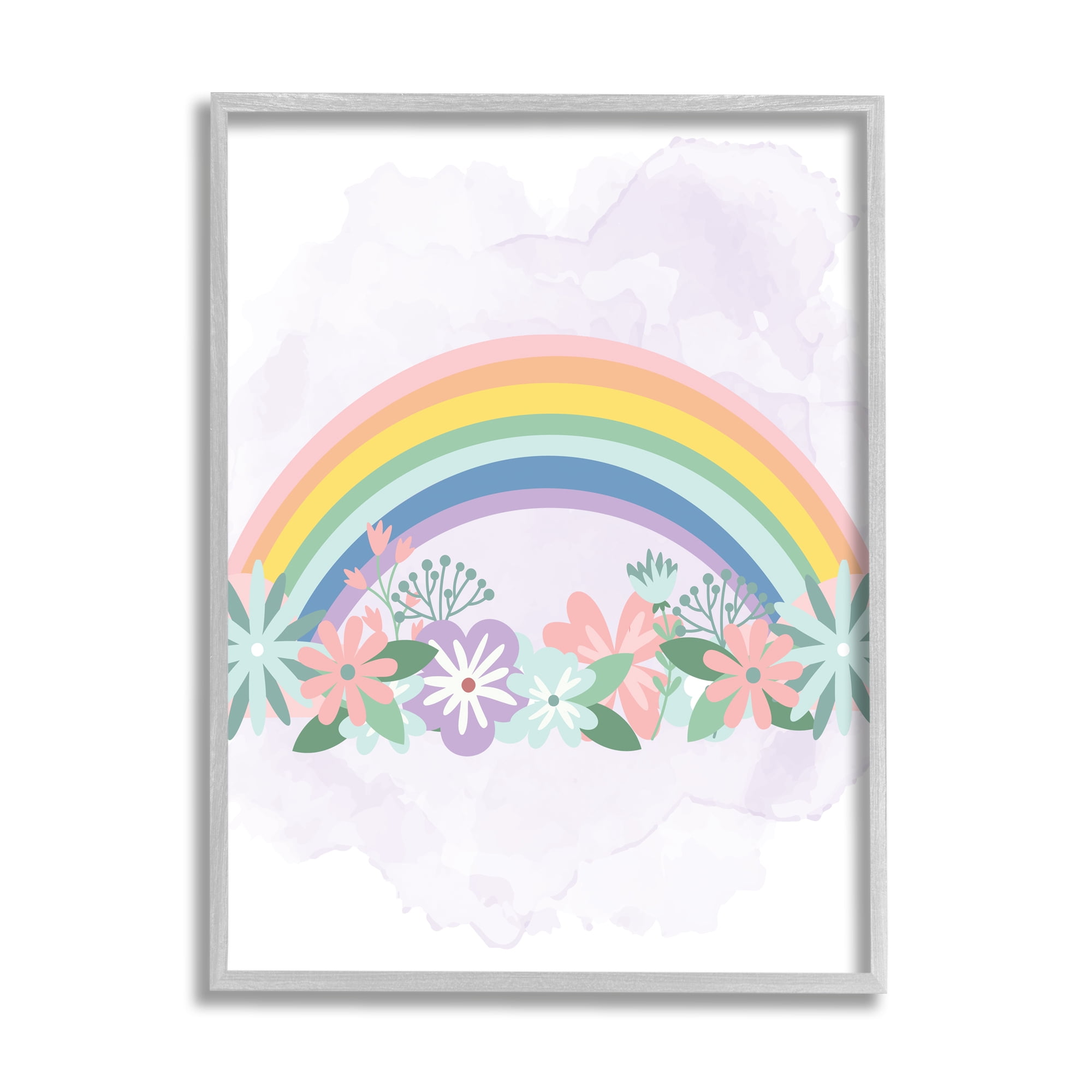 Stupell Industries Tropical Florals under Playful Rainbow Kids' Illustration Landscape Painting Gray Framed Art Print Wall Art, 11 x 14