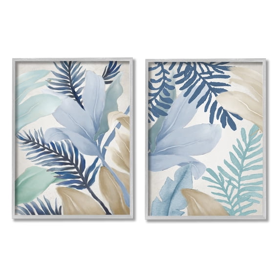 Stupell Industries Tropical Flower Petal Leaf Sprigs Botanical Pastels Painting Gray Framed Art Print Wall Art, Set of 2, Design by Elizabeth Medley