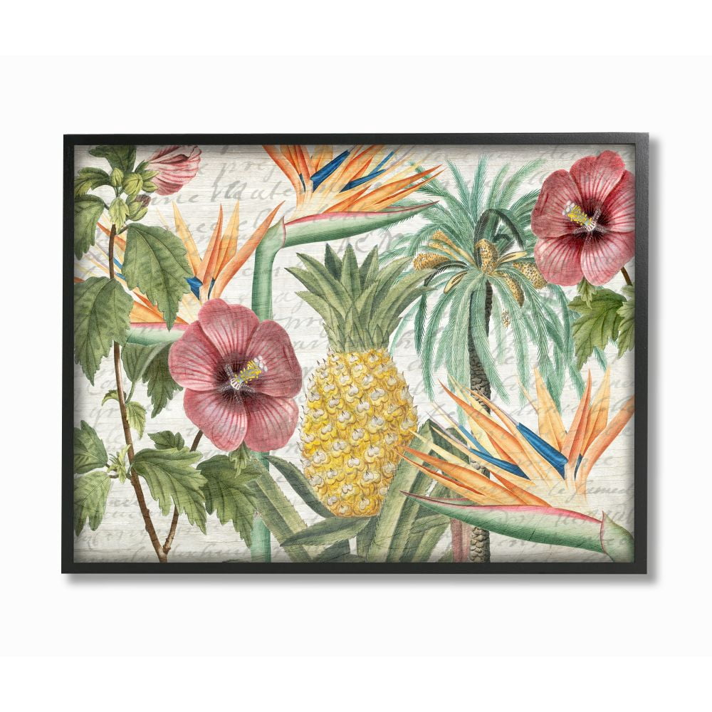Stupell Industries Tropical Flower Pineapple Wood Texture Design Graphic Art Black Framed Art Print Wall Art, 24x30, by Kim Allen