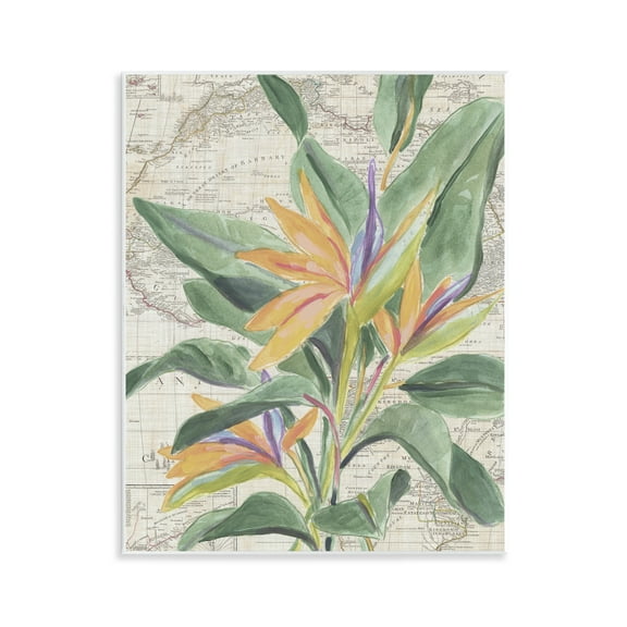 Stupell Industries Tropical Flower over Map Floral Painting Unframed Art Print Wall Art, 11 x 14