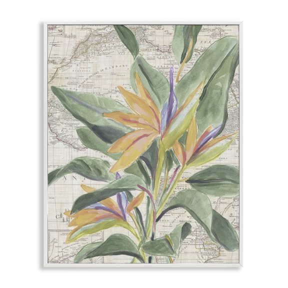 Stupell Industries Tropical Flower over Map Floral Painting White Framed Art Print Wall Art, 11 x 14