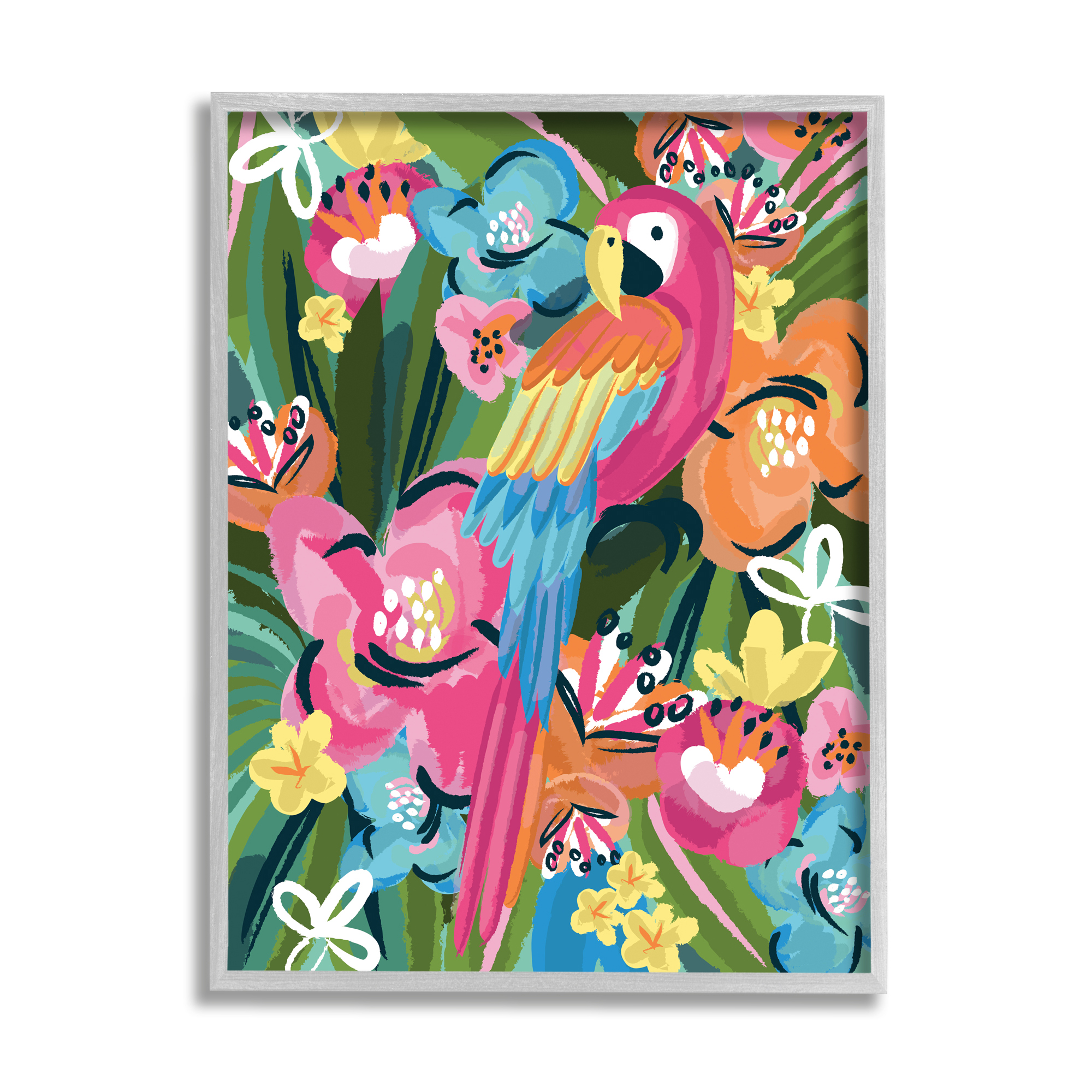 Stupell Industries Tropical Flowers and Parrot Whimsical Florals,11 x 14,Designed by Lisa Whitebutton