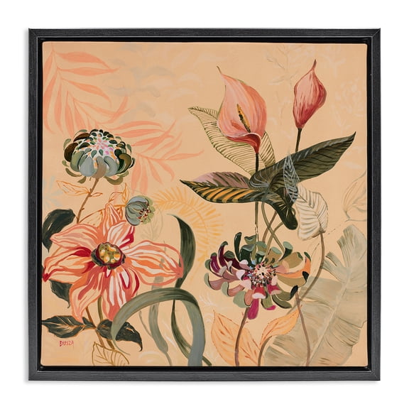 Stupell Industries Tropical Foliage & Blooms Floral Painting Black Floater Framed Canvas Art Print Wall Art, 18 x 18