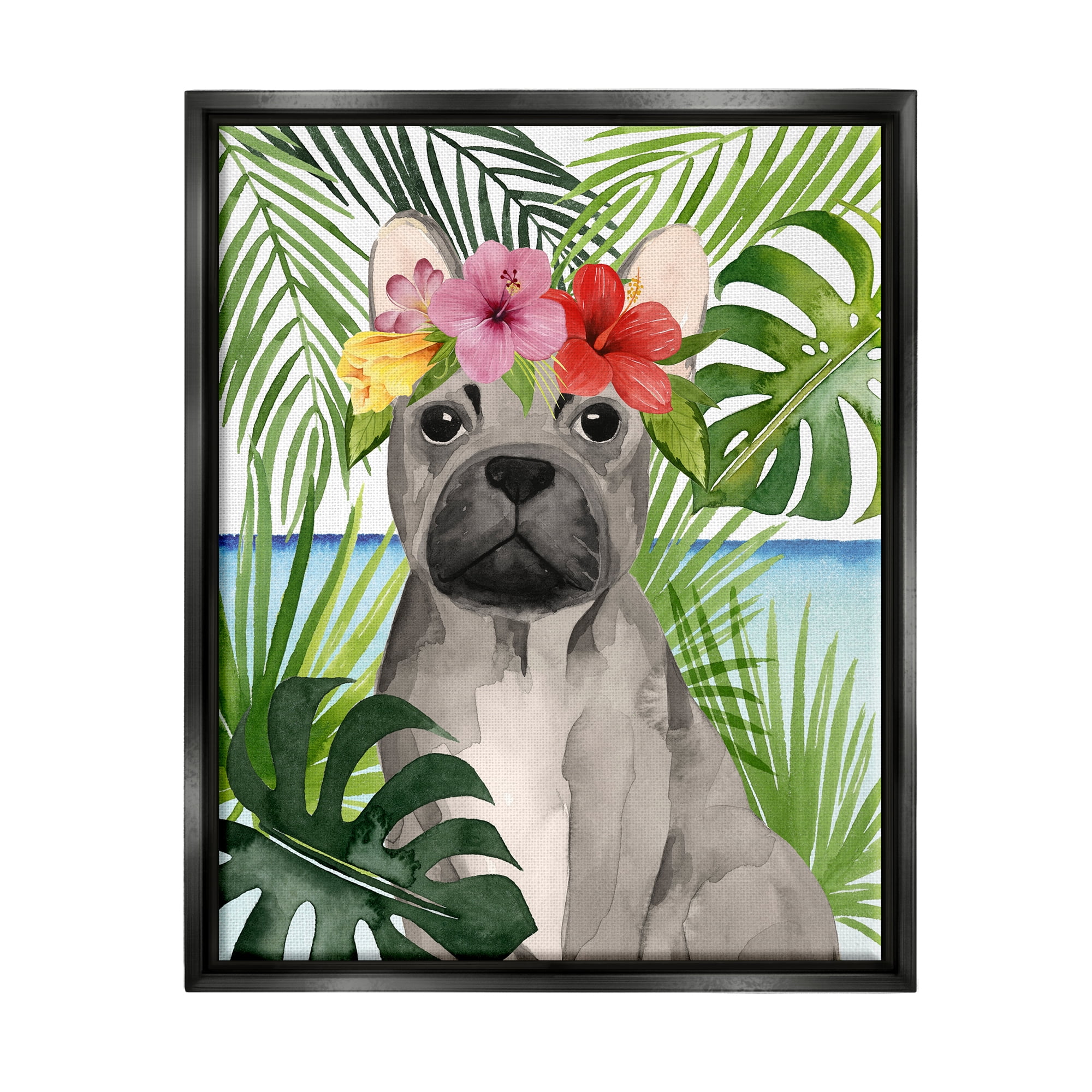 Stupell Industries Tropical French Bulldog Animals & Insects Painting Black Floater Framed Canvas Art Print Wall Art, 17 x 21