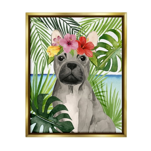 Stupell Industries Tropical French Bulldog Animals & Insects Painting Gold Floater Framed Canvas Art Print Wall Art, 17 x 21