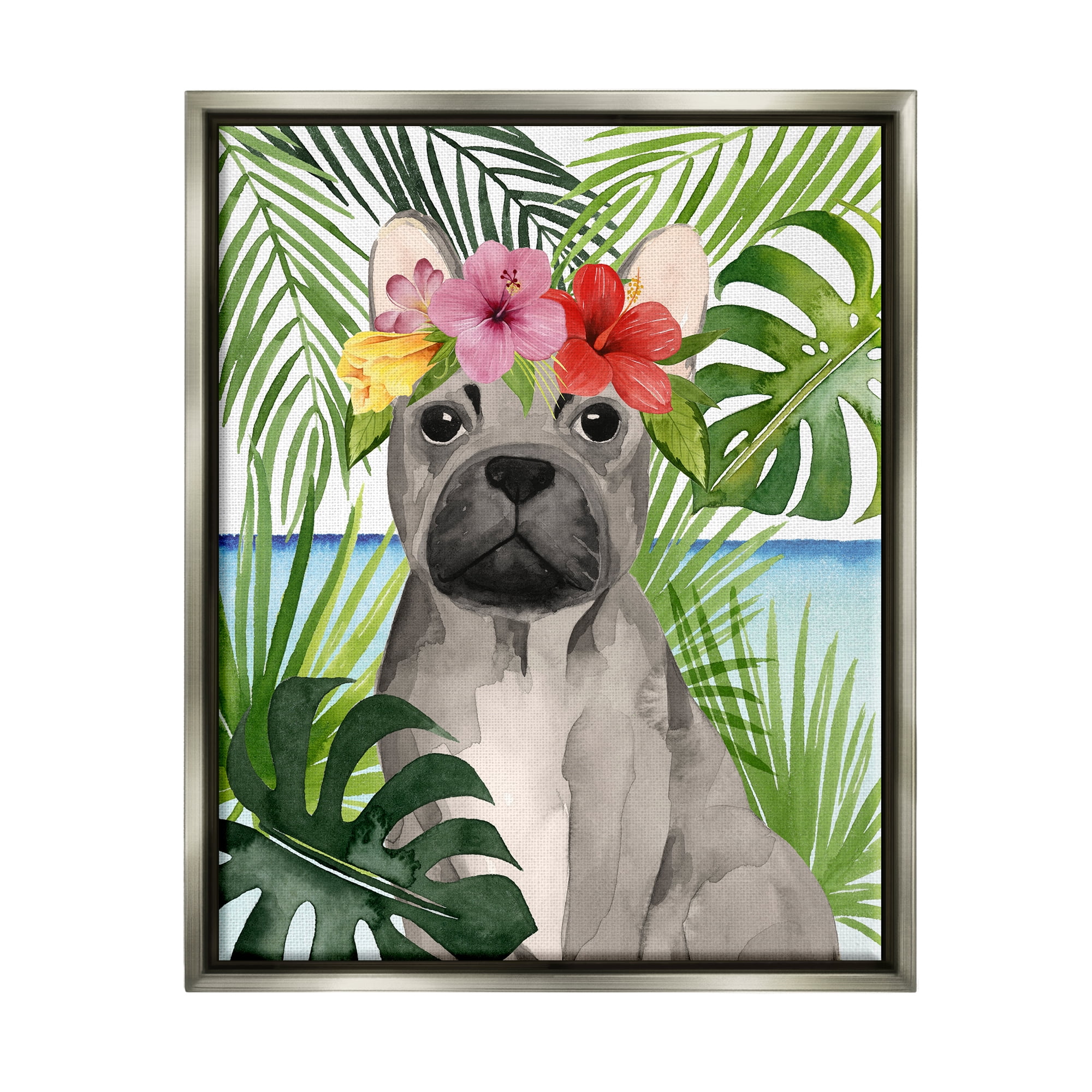 Stupell Industries Tropical French Bulldog Animals & Insects Painting Gray Floater Framed Canvas Art Print Wall Art, 25 x 31