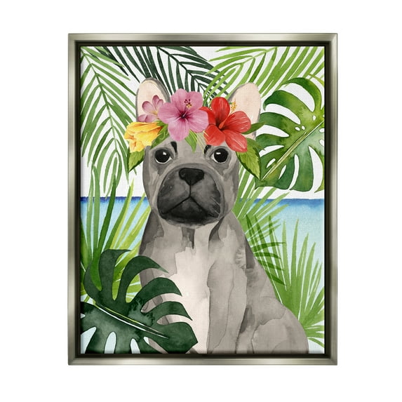 Stupell Industries Tropical French Bulldog Animals & Insects Painting Gray Floater Framed Canvas Art Print Wall Art, 25 x 31