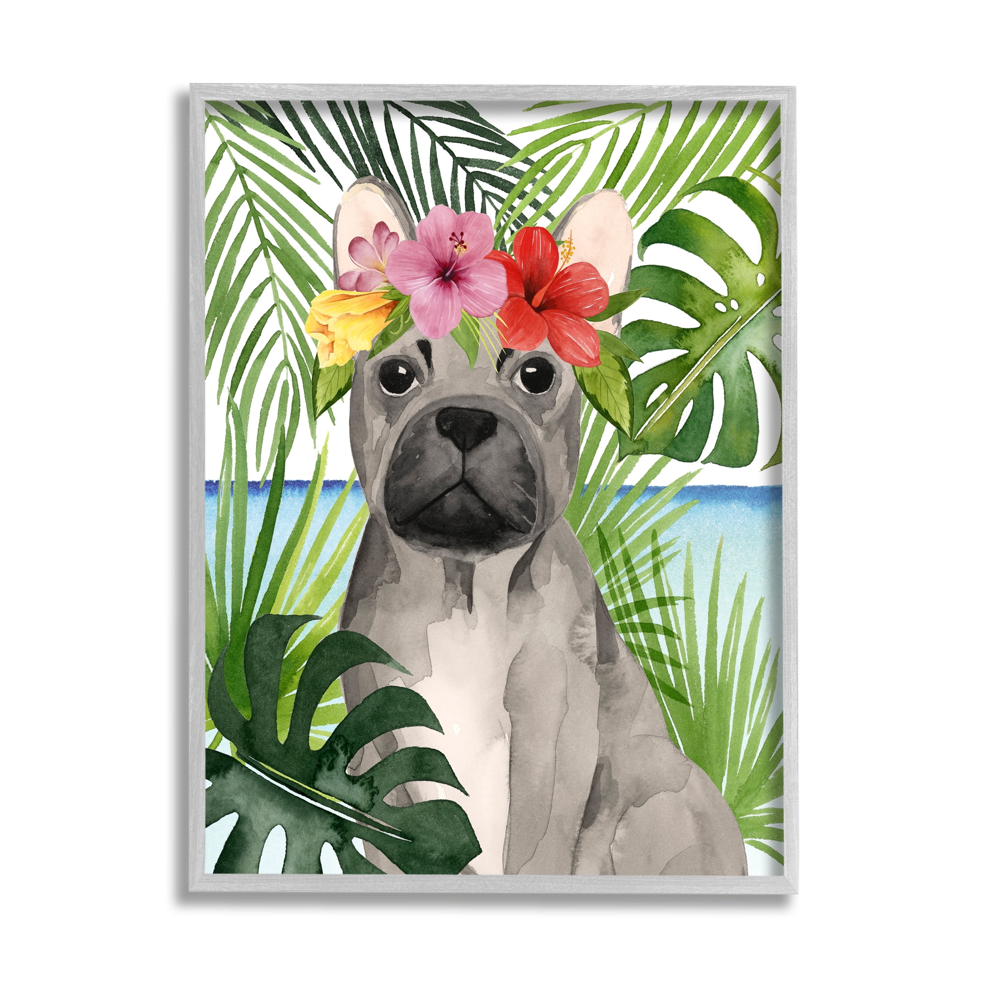 Stupell Industries Tropical French Bulldog Animals & Insects Painting Gray Framed Art Print Wall Art, 11 x 14