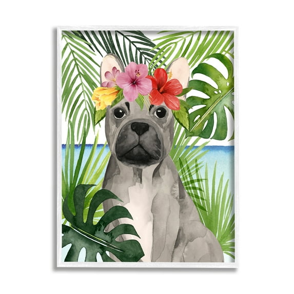 Stupell Industries Tropical French Bulldog Animals & Insects Painting White Framed Art Print Wall Art, 24 x 30