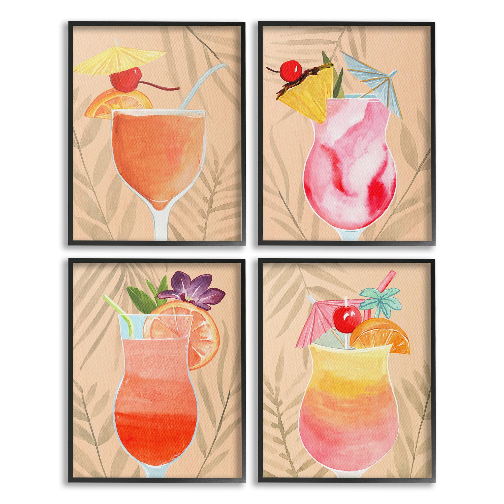 Stupell Industries Tropical Fruit Cocktails Food & Beverage Painting Black Framed Art Print Wall Art, 11 x 14, Set of 4