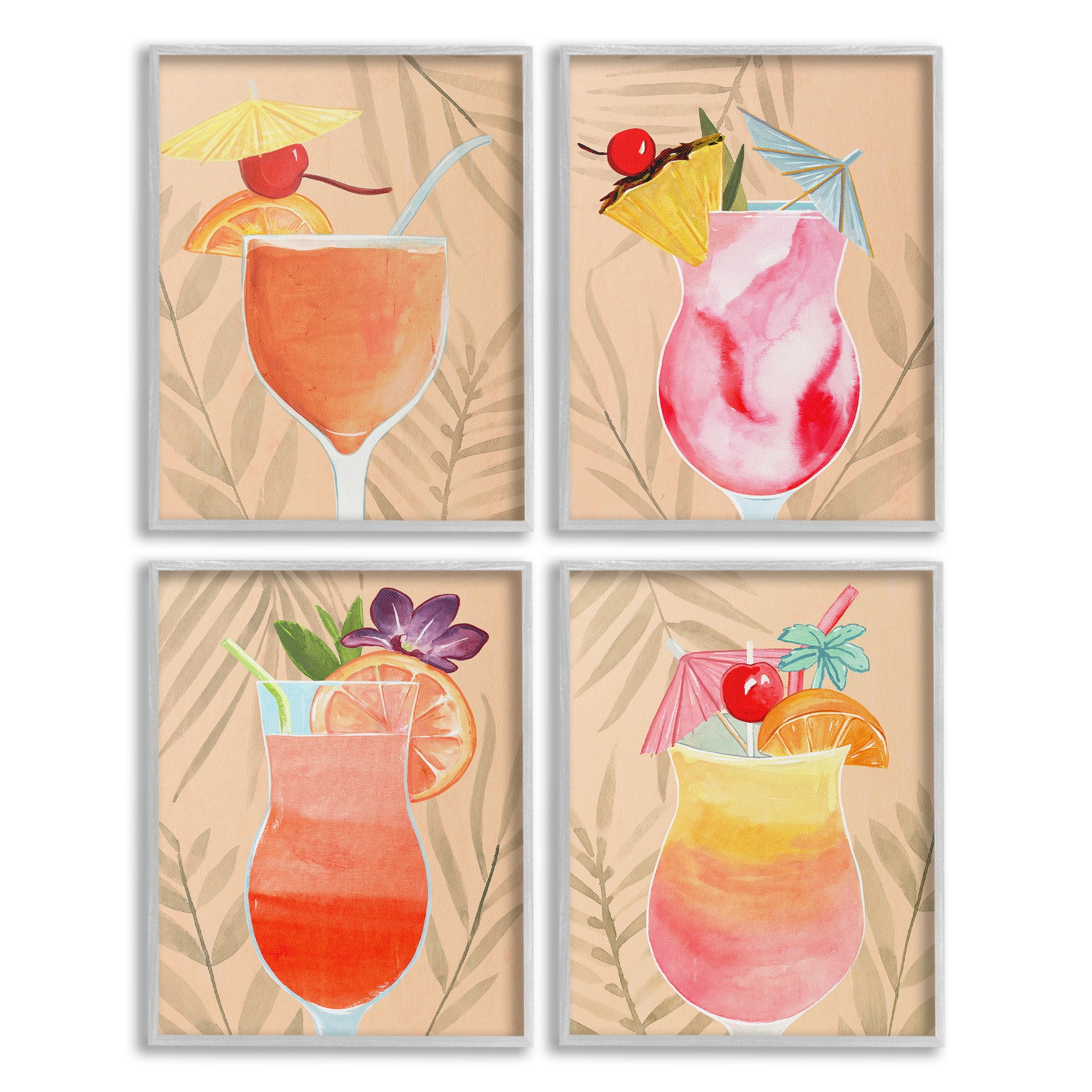 Stupell Industries Tropical Fruit Cocktails Food & Beverage Painting Gray Framed Art Print Wall Art, 11 x 14, Set of 4