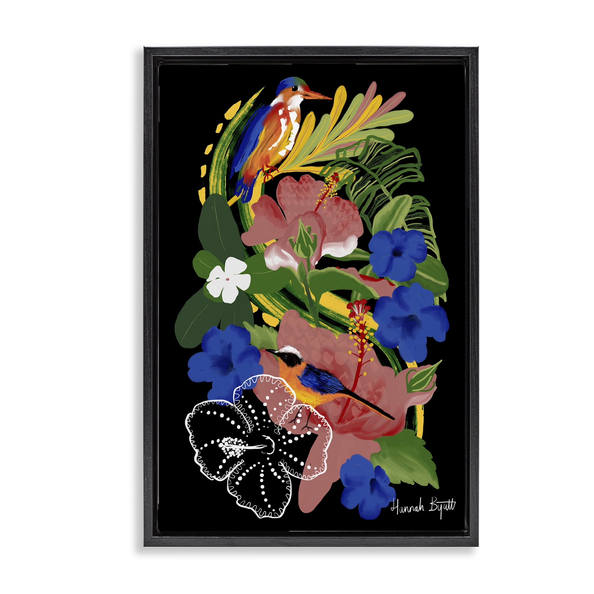 Stupell Industries Tropical Gambia Style Florals Animals Painting Black Floater Framed Canvas Art Print Wall Art, 21 x 31