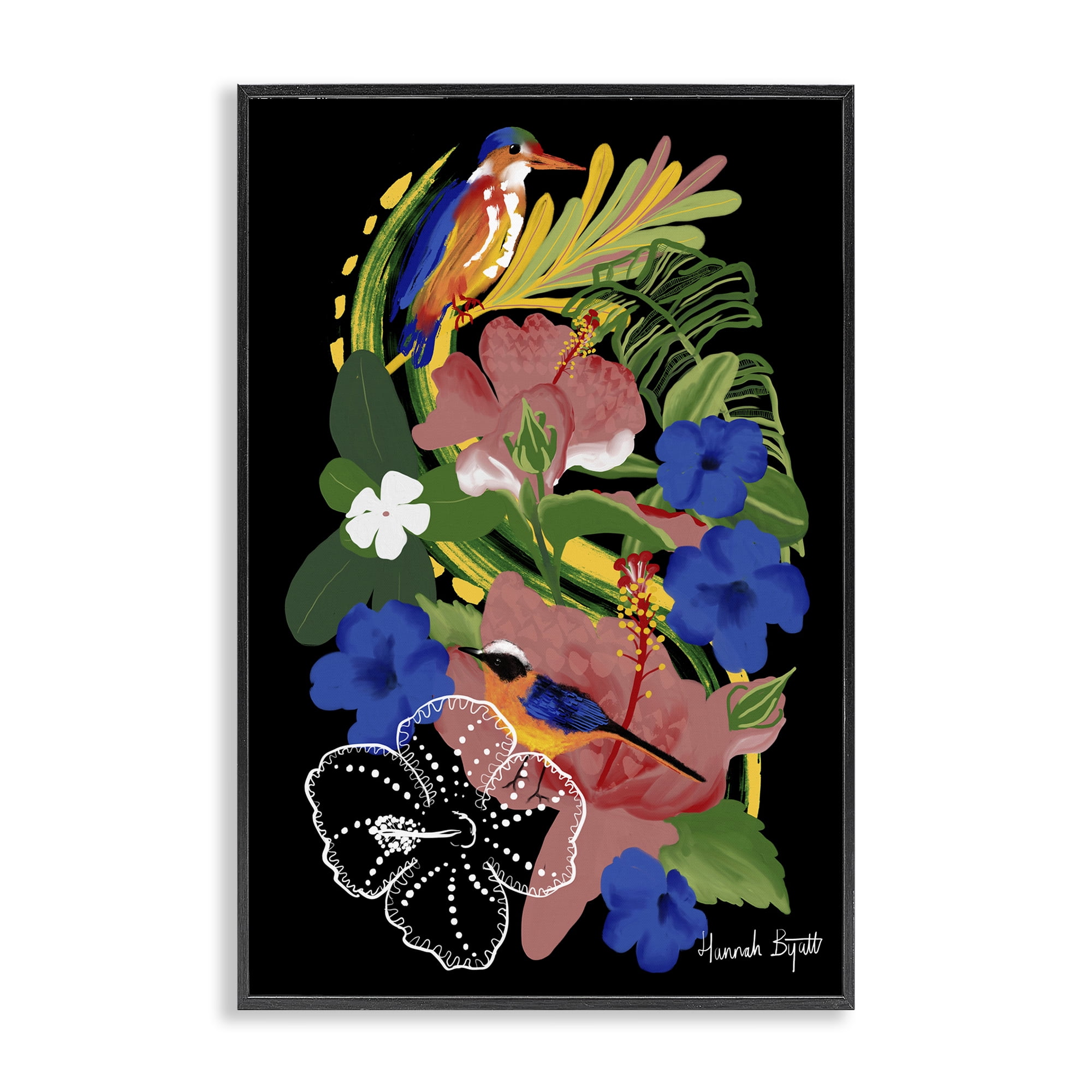 Stupell Industries Tropical Gambia Style Florals Animals Painting Black Framed Art Print Wall Art, 16 x 24