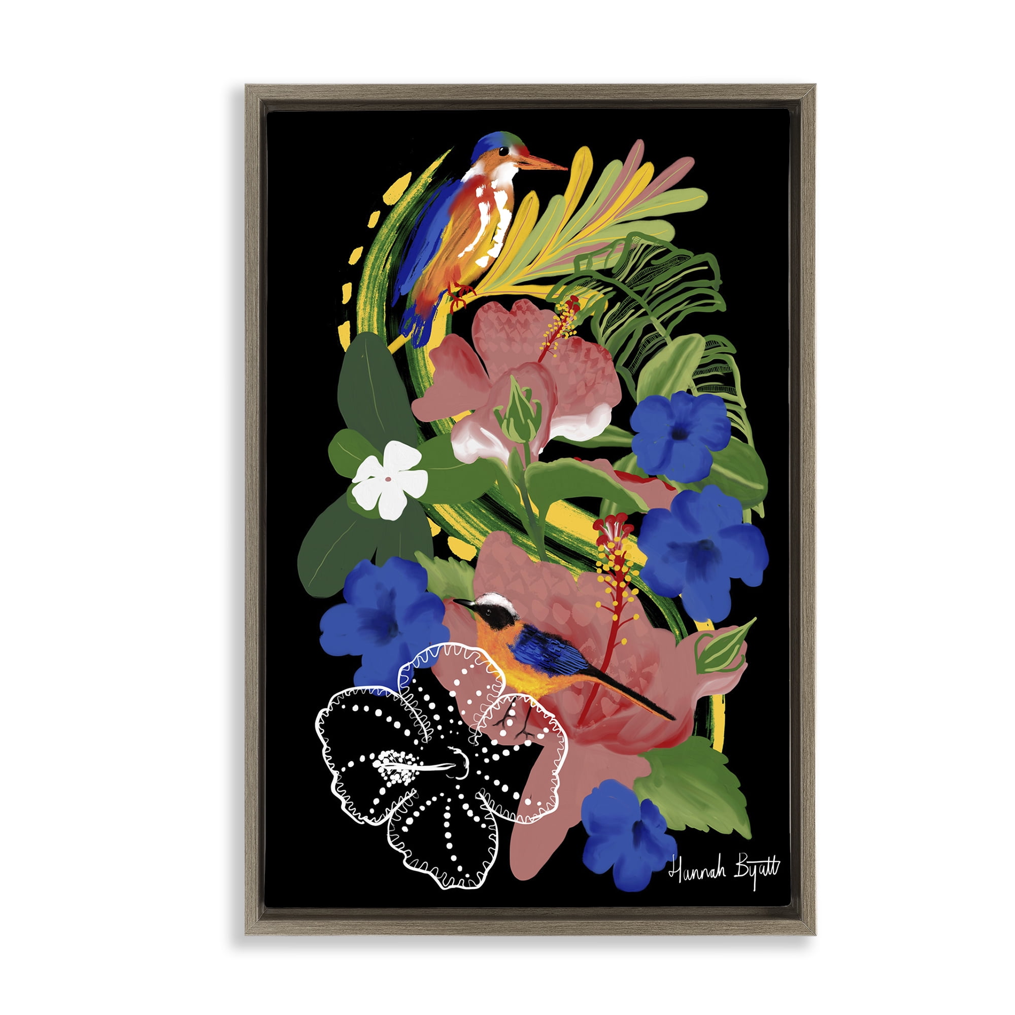 Stupell Industries Tropical Gambia Style Florals Animals Painting Brown Floater Framed Canvas Art Print Wall Art, 21 x 31