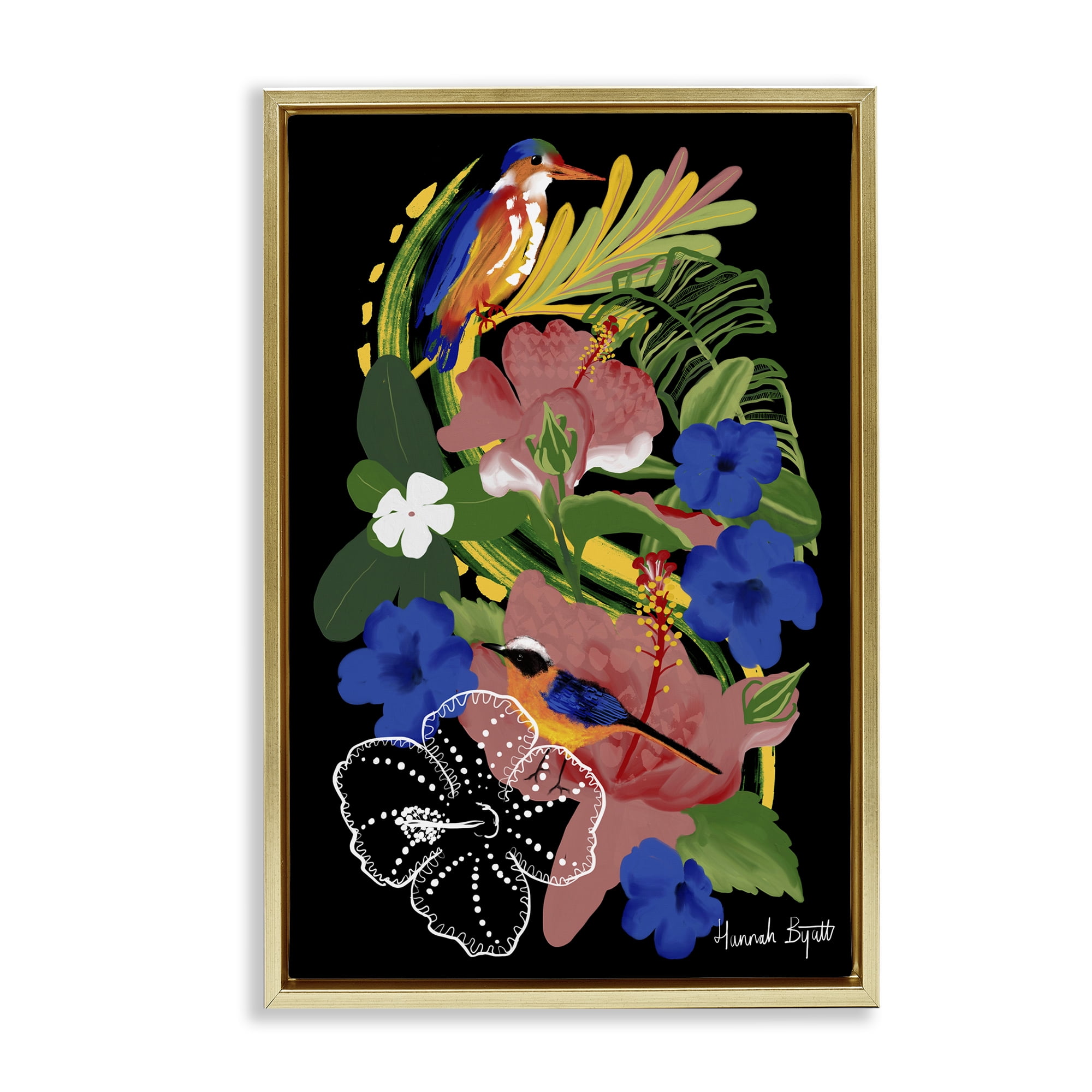 Stupell Industries Tropical Gambia Style Florals Animals Painting Gold Floater Framed Canvas Art Print Wall Art, 21 x 31