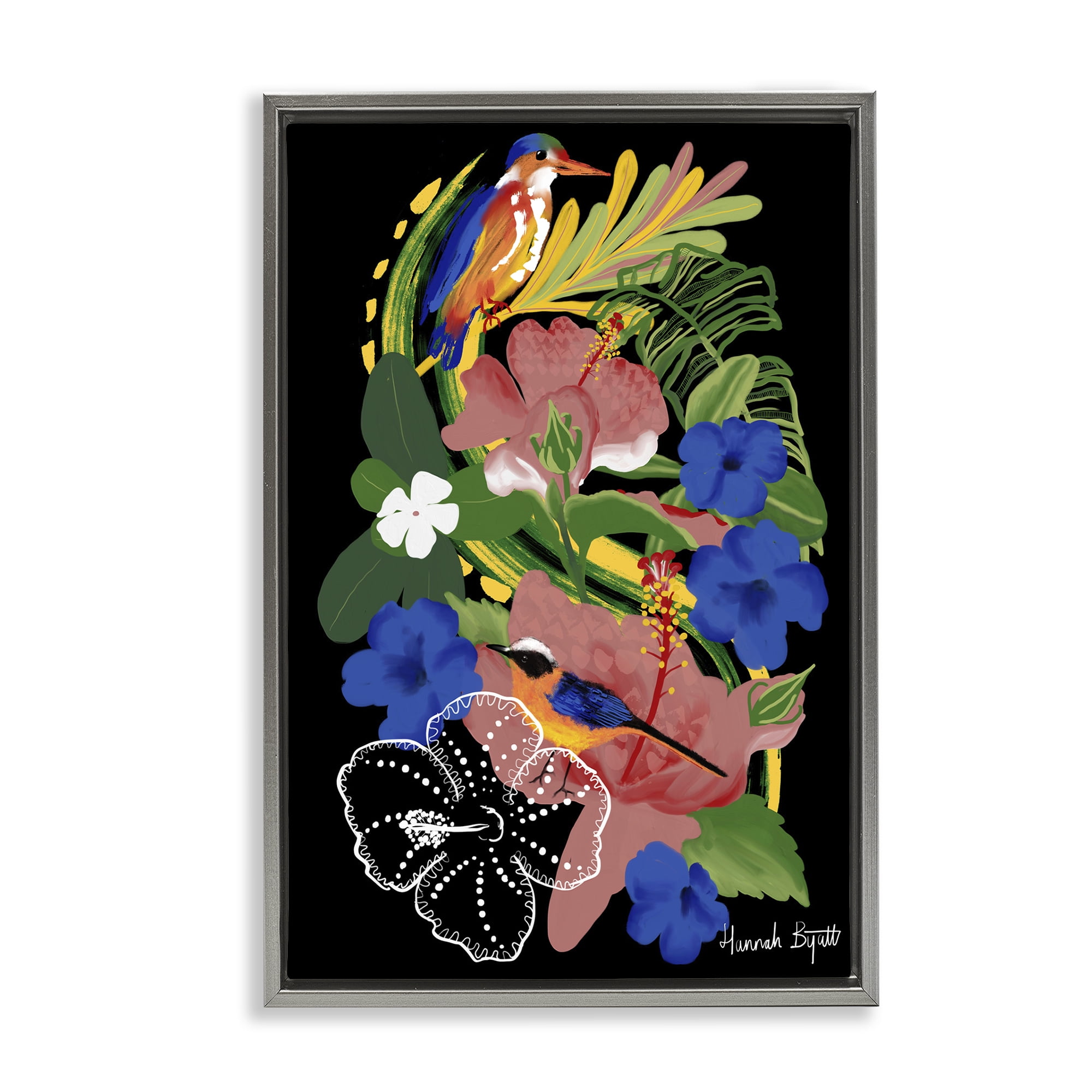 Stupell Industries Tropical Gambia Style Florals Animals Painting Gray Floater Framed Canvas Art Print Wall Art, 17 x 25