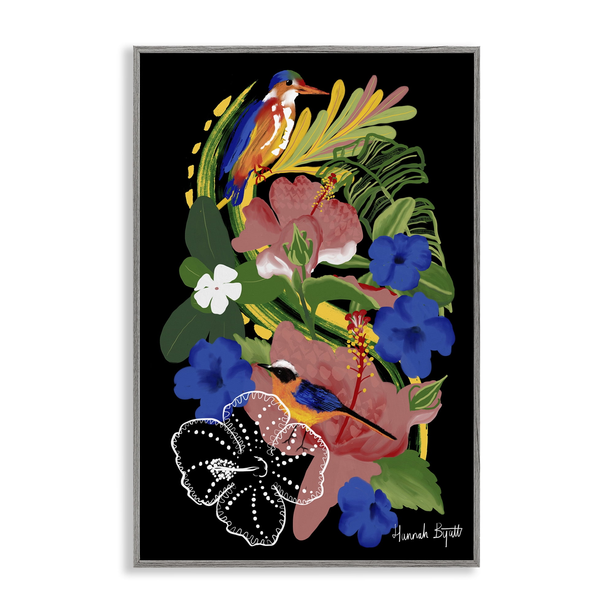 Stupell Industries Tropical Gambia Style Florals Animals Painting Gray Framed Art Print Wall Art, 12 x 18