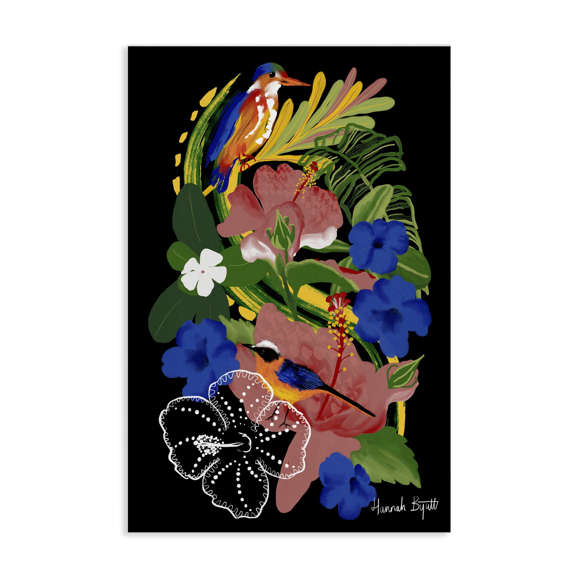Stupell Industries Tropical Gambia Style Florals Animals Painting Wrapped Canvas Art Print Wall Art, 16 x 24