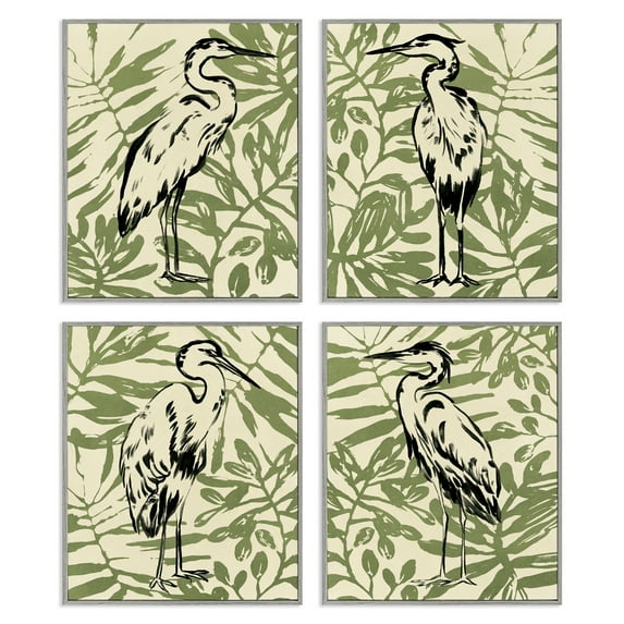 Stupell Industries Tropical Herons with Leaves Plants & Flowers Painting Gray Framed Art Print Wall Art, 16 x 20, Set of 4