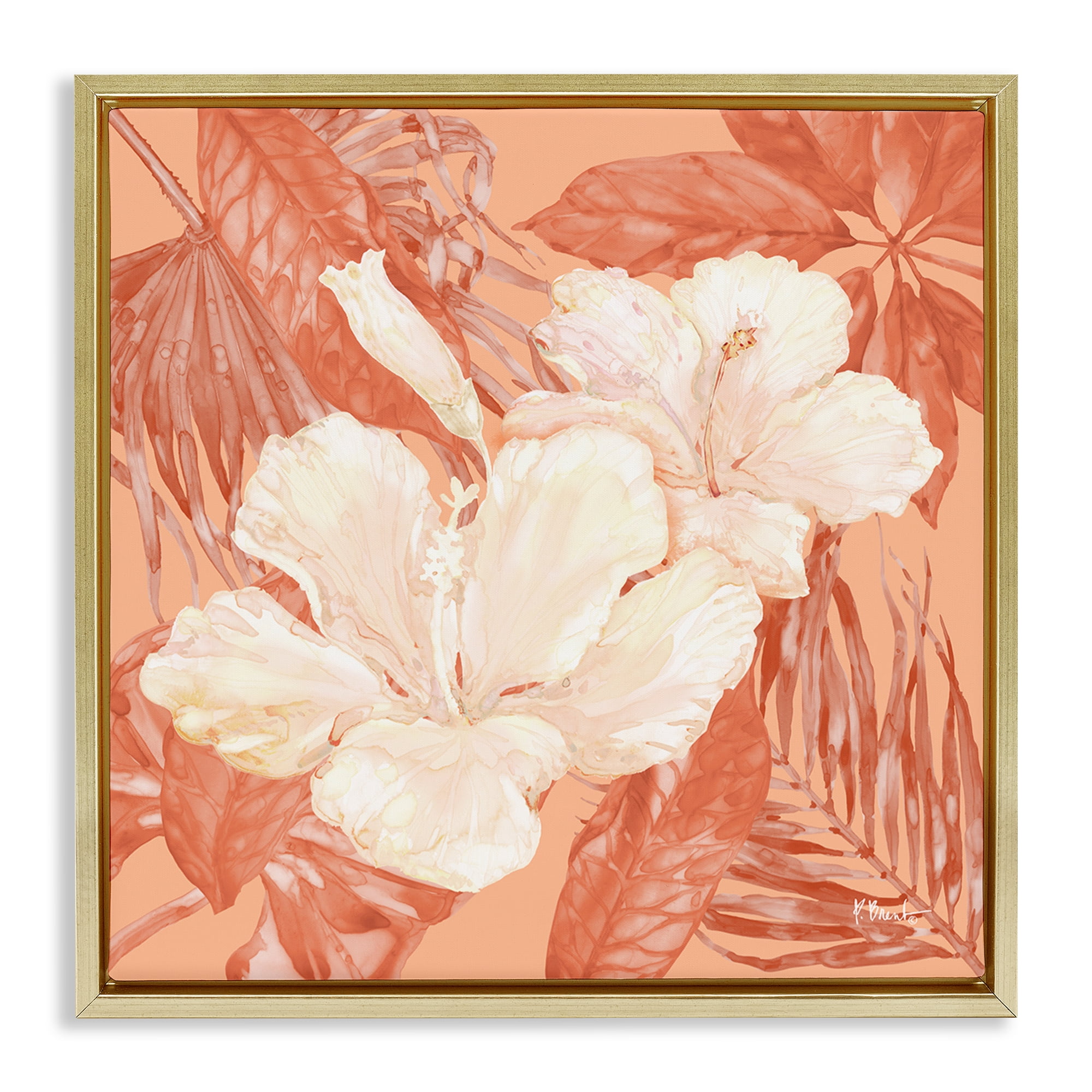 Stupell Industries Tropical Hibiscus Bunch Plants & Flowers Painting Gold Floater Framed Canvas Art Print Wall Art, 25 x 25