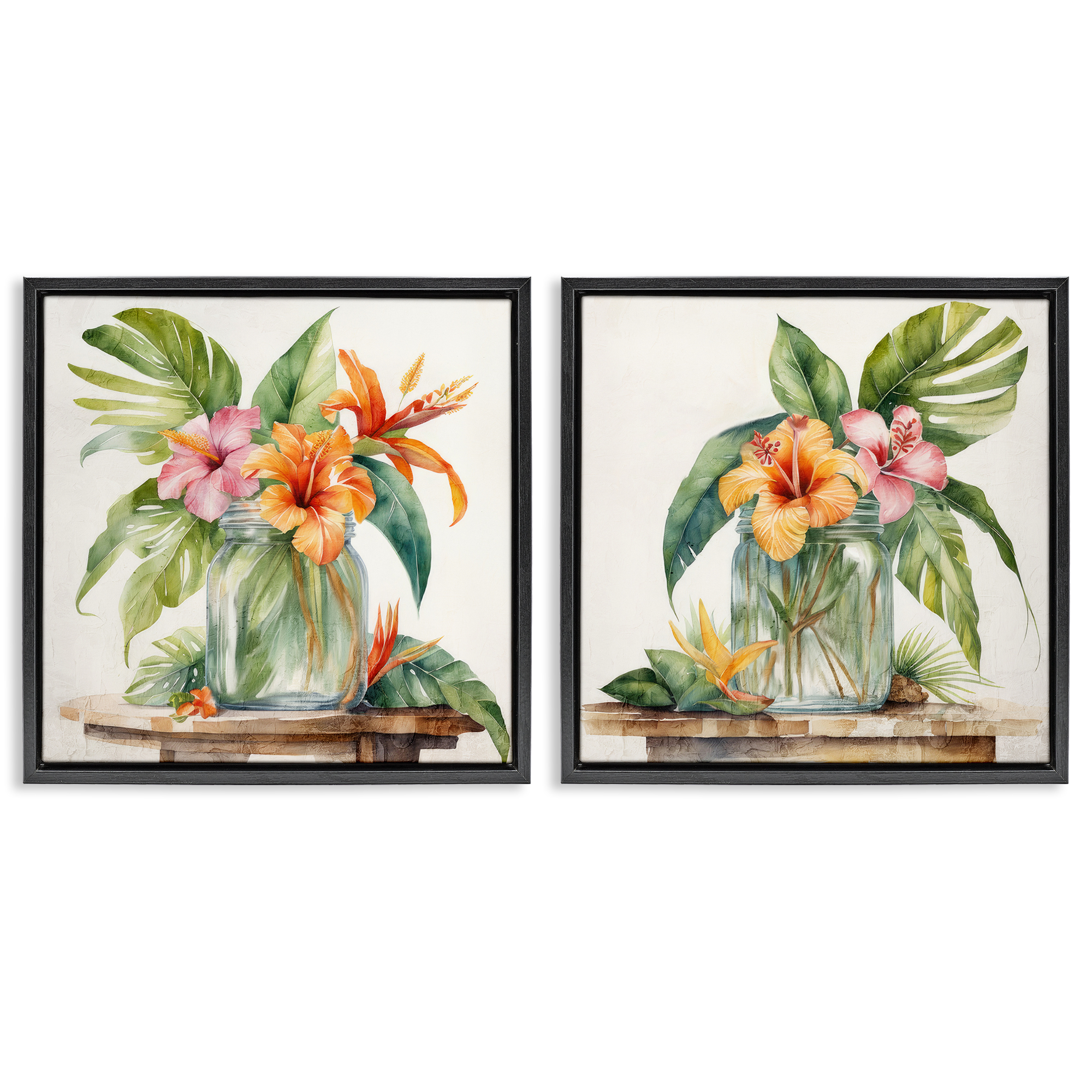 Stupell Industries Tropical Hibiscus Floral Jar Plants & Flowers Painting Black Floater Framed Canvas Art Print Wall Art, 18 x 18, Set of 2