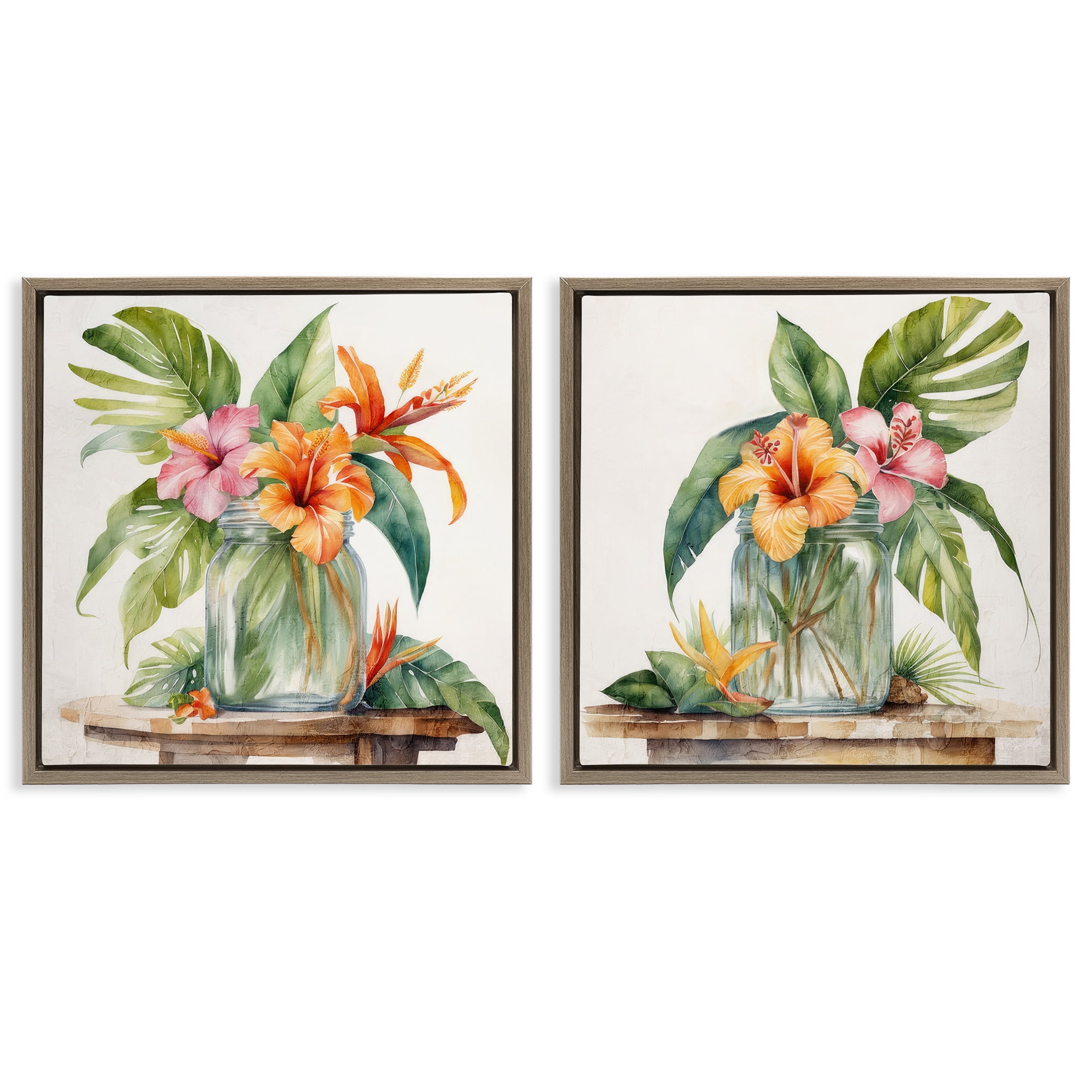 Stupell Industries Tropical Hibiscus Floral Jar Plants & Flowers Painting Brown Floater Framed Canvas Art Print Wall Art, 25 x 25, Set of 2