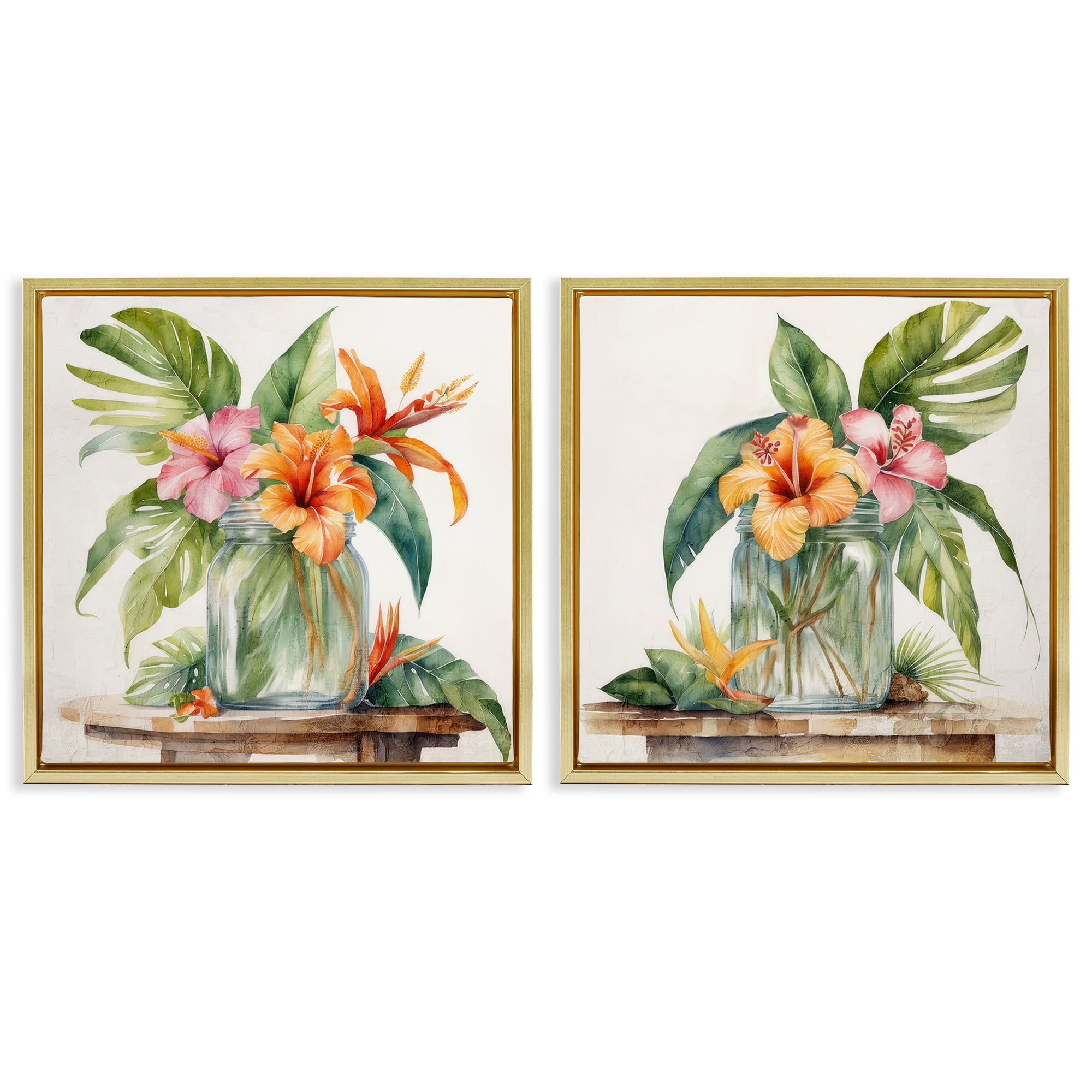 Stupell Industries Tropical Hibiscus Floral Jar Plants & Flowers Painting Gold Floater Framed Canvas Art Print Wall Art, 18 x 18, Set of 2