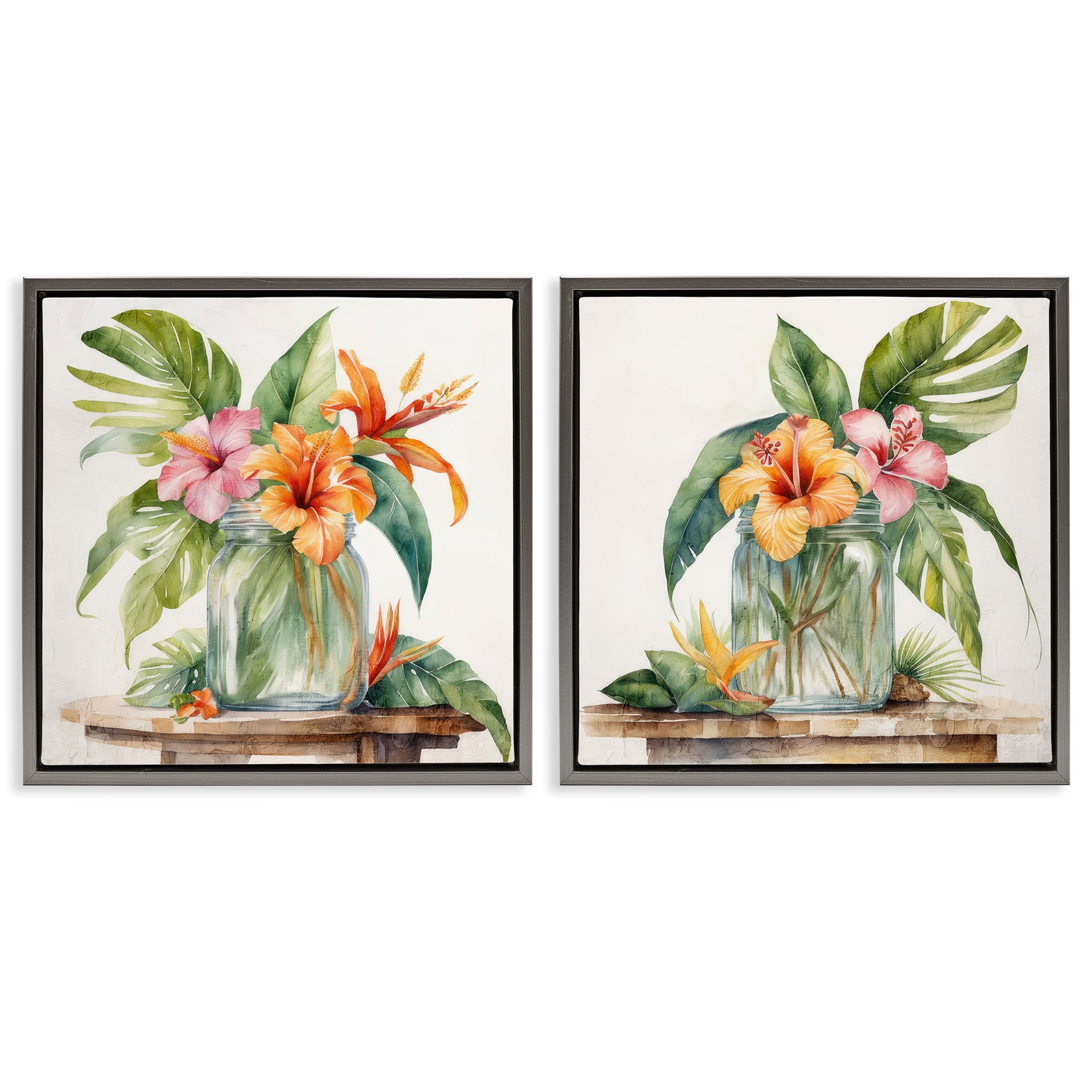Stupell Industries Tropical Hibiscus Floral Jar Plants & Flowers Painting Gray Floater Framed Canvas Art Print Wall Art, 25 x 25, Set of 2