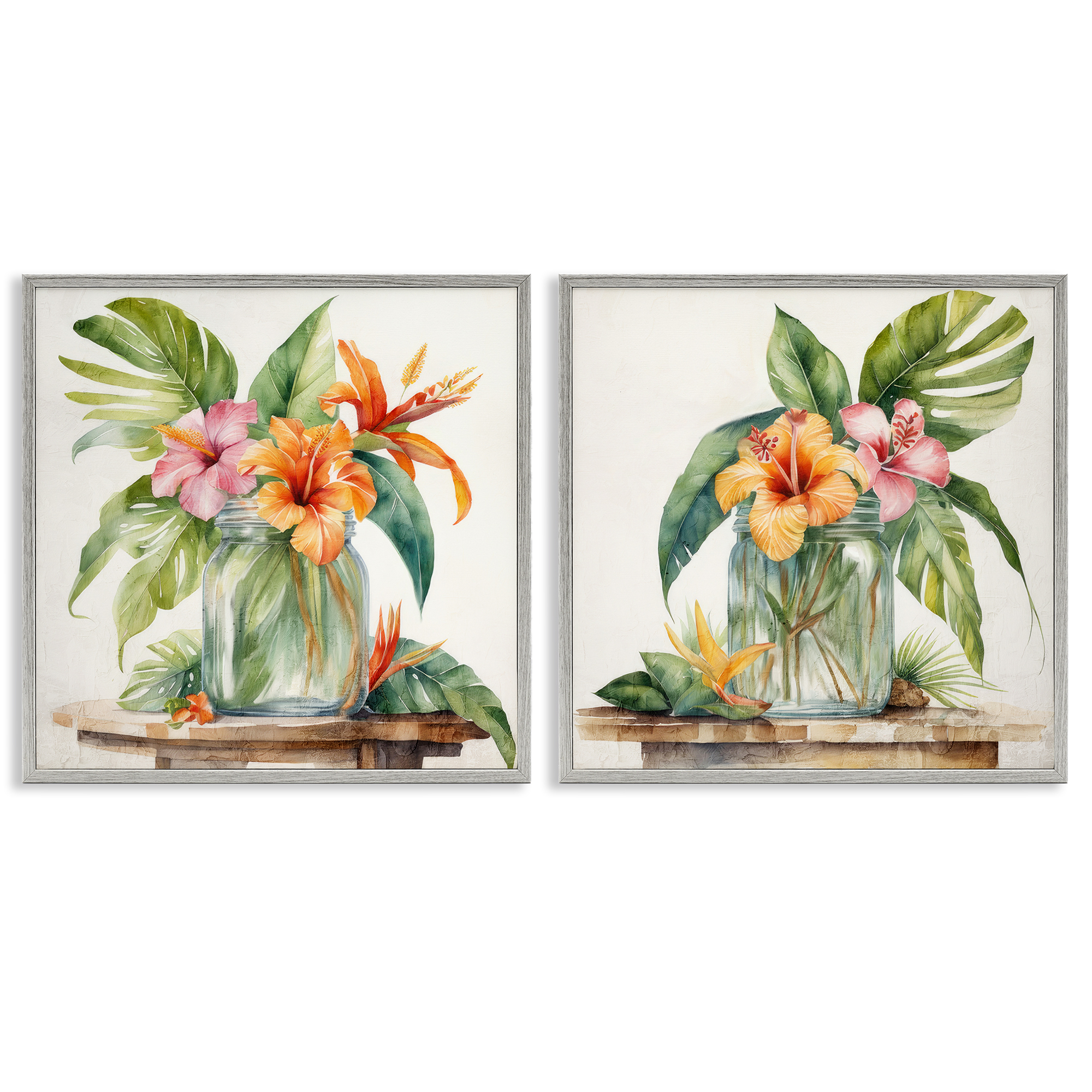 Stupell Industries Tropical Hibiscus Floral Jar Plants & Flowers Painting Gray Framed Art Print Wall Art, 12 x 12, Set of 2