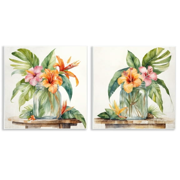 Stupell Industries Tropical Hibiscus Floral Jar Plants & Flowers Painting Unframed Art Print Wall Art, 12 x 12, Set of 2