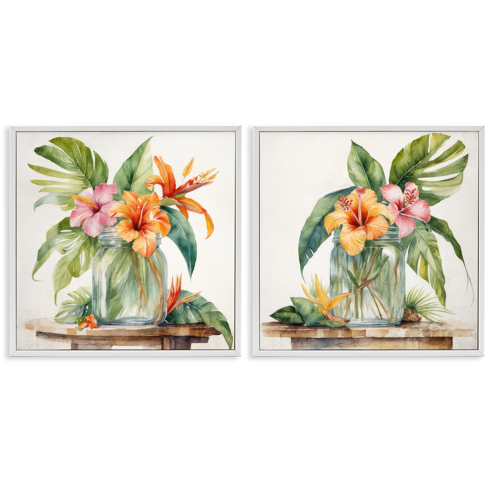 Stupell Industries Tropical Hibiscus Floral Jar Plants & Flowers Painting White Framed Art Print Wall Art, 17 x 17, Set of 2
