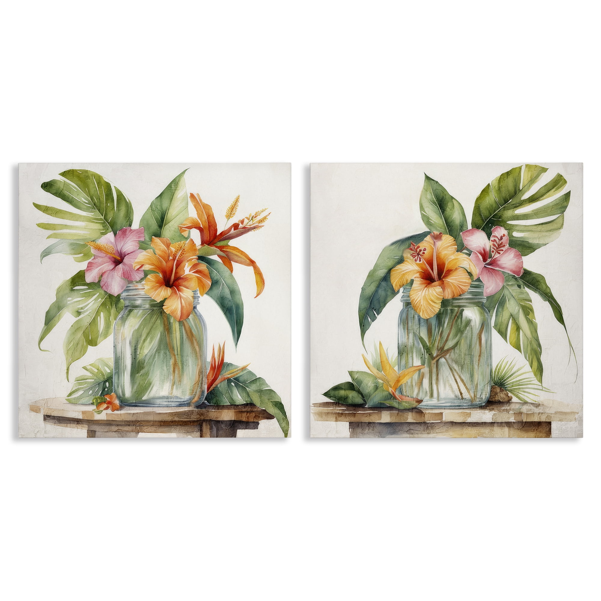 Stupell Industries Tropical Hibiscus Floral Jar Plants & Flowers Painting Wrapped Canvas Art Print Wall Art, 24 x 24, Set of 2